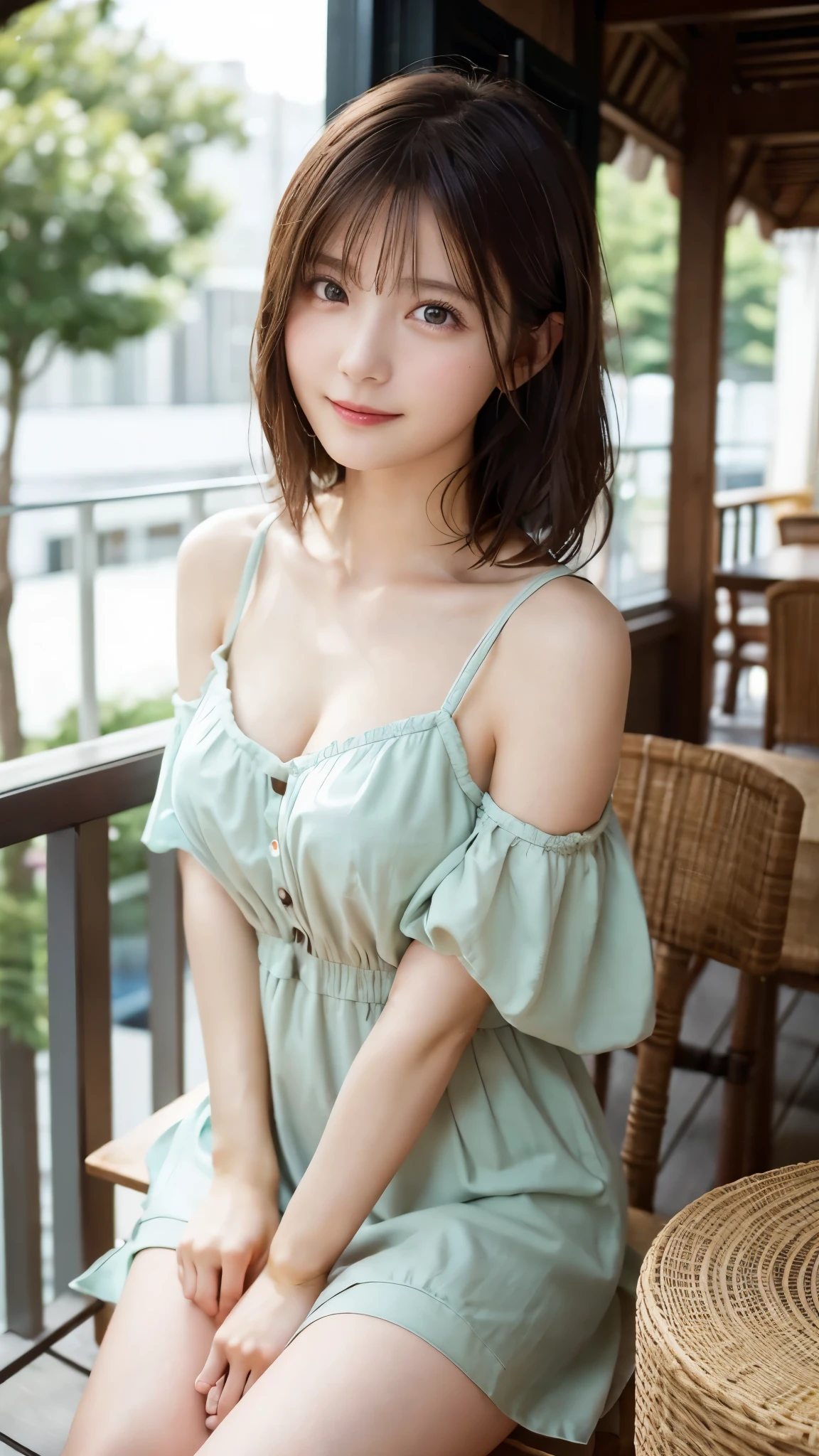 Caucasian girl、Background Blur、super high quality、sunlight、Gorgeous table top dress、Fair-skinned beautiful girl、disheveled bob hair、Small breasts、Small breastsの谷間、Fleeting Expression、Clear contours、Girl's mood、high resolution skin、Fair and beautiful thighs、hostess、Gravure photoshoot on the terrace、Gentle light in the morning、Gravure pose