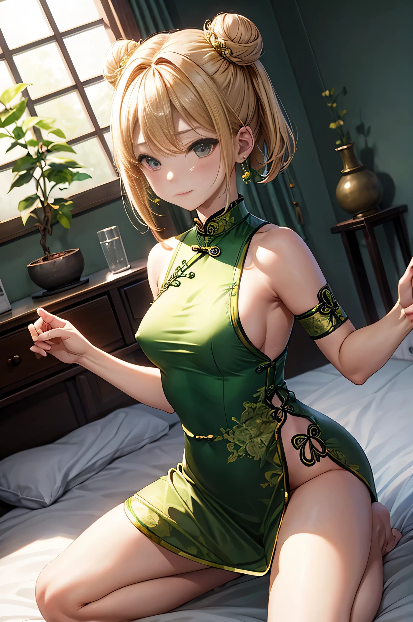 kneeling on the bed、Wearing a green cheongsam、Nipples are visible、Blonde、Bun Hair