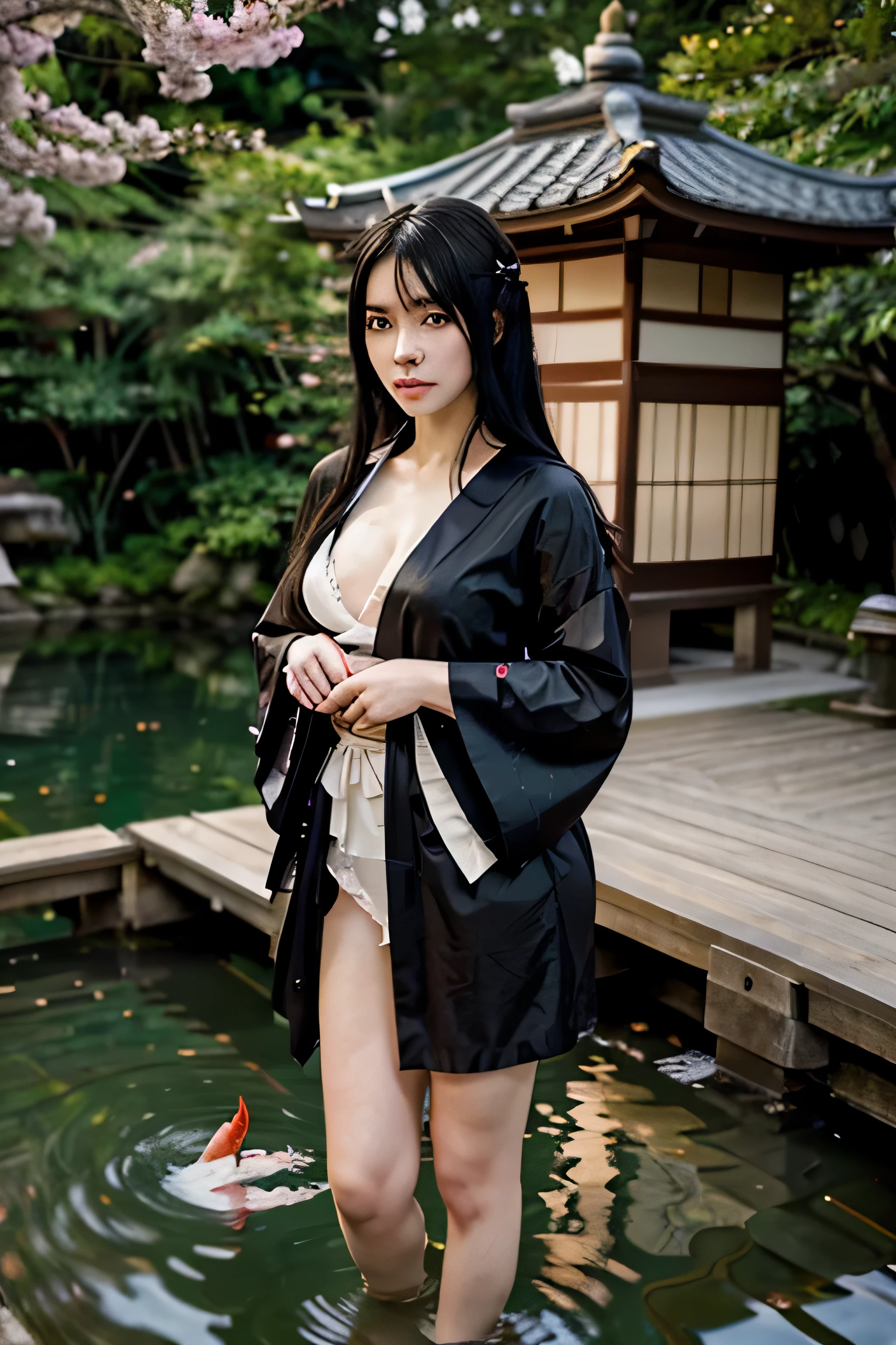A graceful woman with raven black hair and captivating dark eyes. Clad in a flowing crimson kimono adorned with cherry blossoms, it reaches her ankles, revealing delicate sandals. A delicate origami crane rests in her palm. Behind her stands a traditional Japanese castle with a tiered roof, bathed in moonlight. The serene Japanese garden with a koi pond and a bamboo forest completes the picturesque scene.