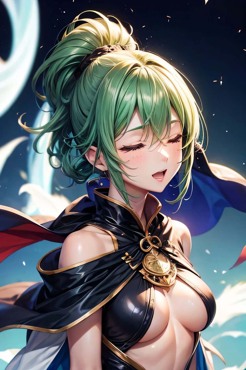 ((Close your eyes))、((Open your mouth))、((Cape))、((Green tattoo))、naked、(((pubic hair)))、Female organ、Beautiful woman、Green hair short ponytail、((whole body))、night、The background is the night forest