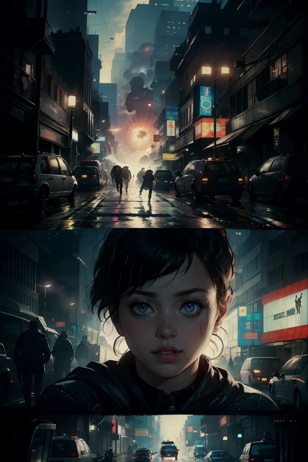 ((highest quality)), ((masterpiece)), (be familiar with), (High definition), (Accurate), (Realistic), (Cinematic), (Best Shadow), (Low contrast), (8K), Perfect Face, ((SYD MEAD style)), manga、mangaデザイン、Storyboard、Frame division、1 Female, Black Hair, very short hair, ((Blue Eyes)), (Replicant), (Action Scenes:1.2 )、Wearing a hooded raincoat、Hollow Eyes、(Scramble crossing), Being chased by the police、The car is jammed、The drone is flying、congestion, congestion, Decadent Future City, NEO TOKYO, A.D.2051, (steam:1.2), It's raining white, evening, (Close-up of face)、(explosion)、(Terrorist incidents)、Bust Shot