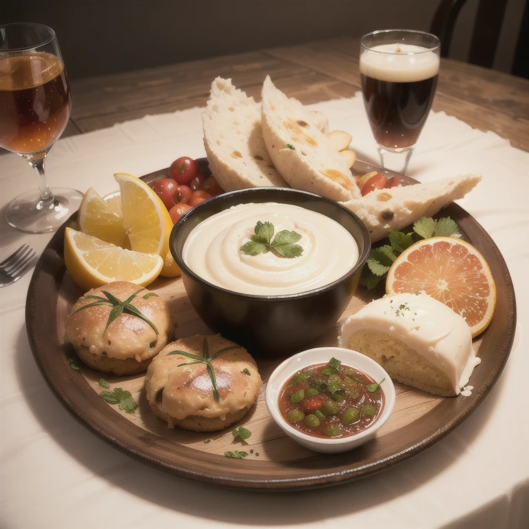 A rustic wooden table overflowing with a colorful mezze platter featuring hummus, dolmades, falafel, and pita bread.