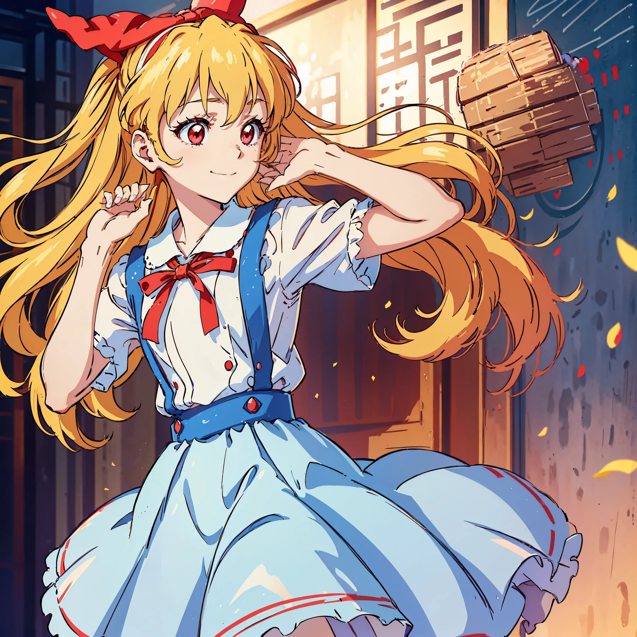 (red ribbon on hairband:1.2),（8K, best quality, muste piece:1.2)、ultra high resolution,1 very cute girl,hosimiya ichigo,ultra-detailed face, detailed eyes,RED eyes,,White sailor collar plain short sleeve shirt,light blue skirt,Light blue suspenders,uniform_red ribbon,Blonde Hair,long hair、detailed hand fingers,hand in own hair,smirk,classroom