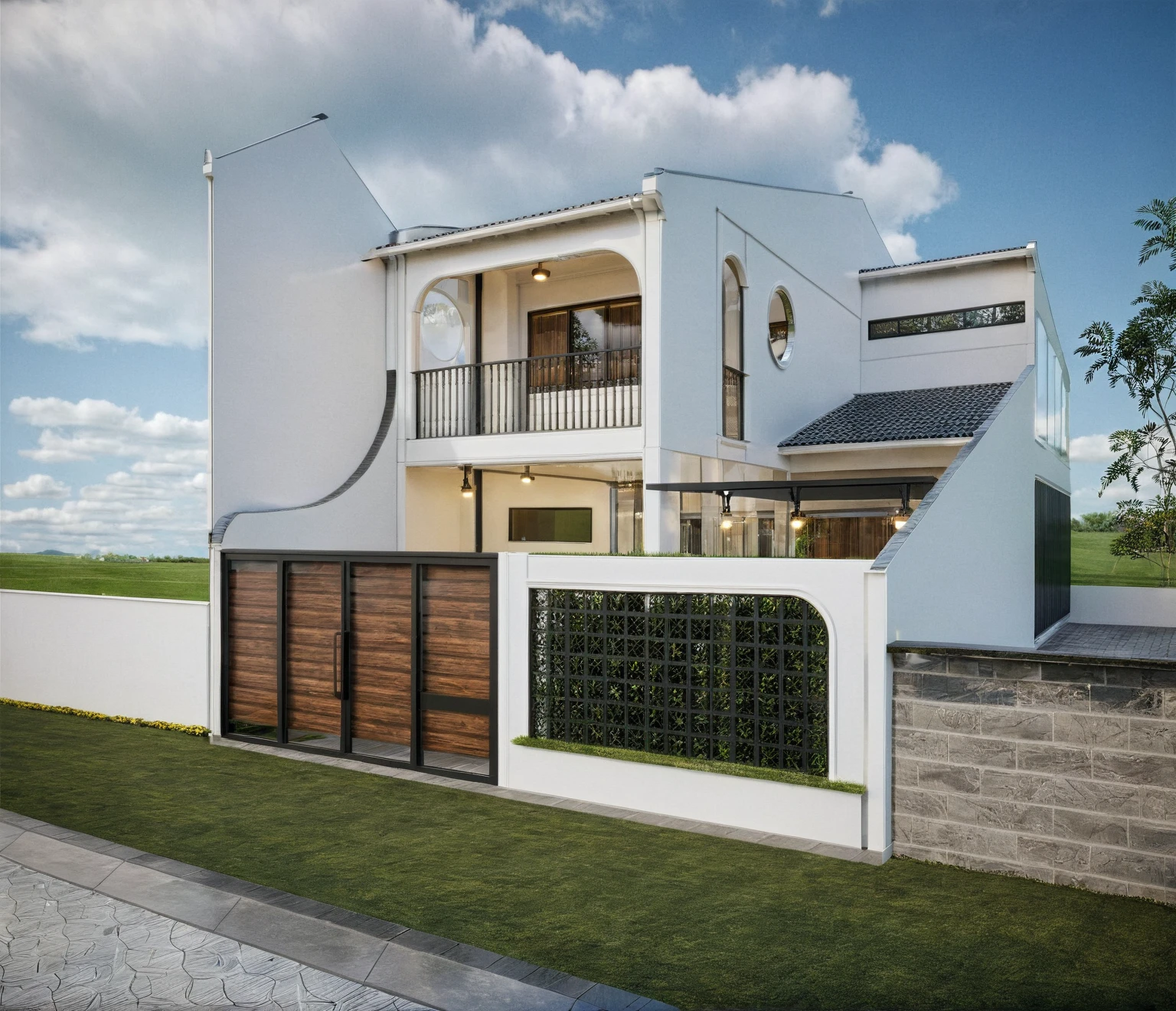 exterior house, contemporary style, white wall, wood wall, wood door, glass window, (realistic:1.2), Masterpiece, high quality, best quality, authentic, super detail, outdoors,road,pavement, grass, trees, sky, cloud, (daylight:1.1)
