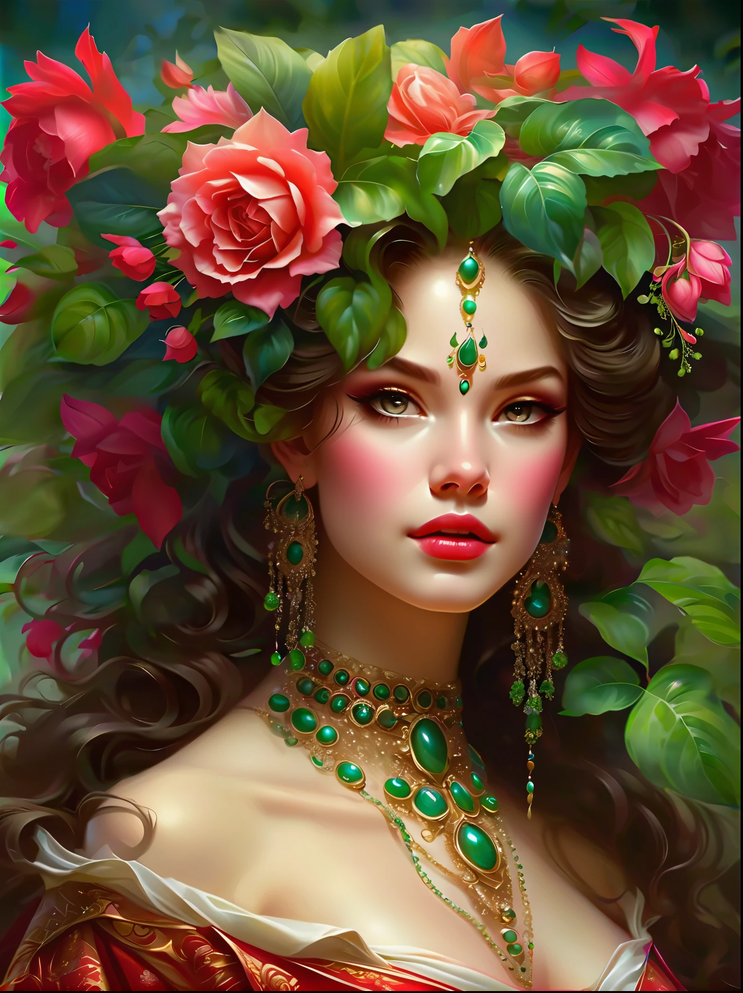 (1girl, Red plant composition,The whole body is covered with beautiful plants,Wearing a flower crown on the head,skirt made from plants,full-body shot,beautiful plant shoes,), (Best quality,High Detail,masterpiece,Chiaroscuro), (Beautiful girl facial features,Anatomically correct and precise facial structure, Detailed facial depiction, and exquisite facial features)