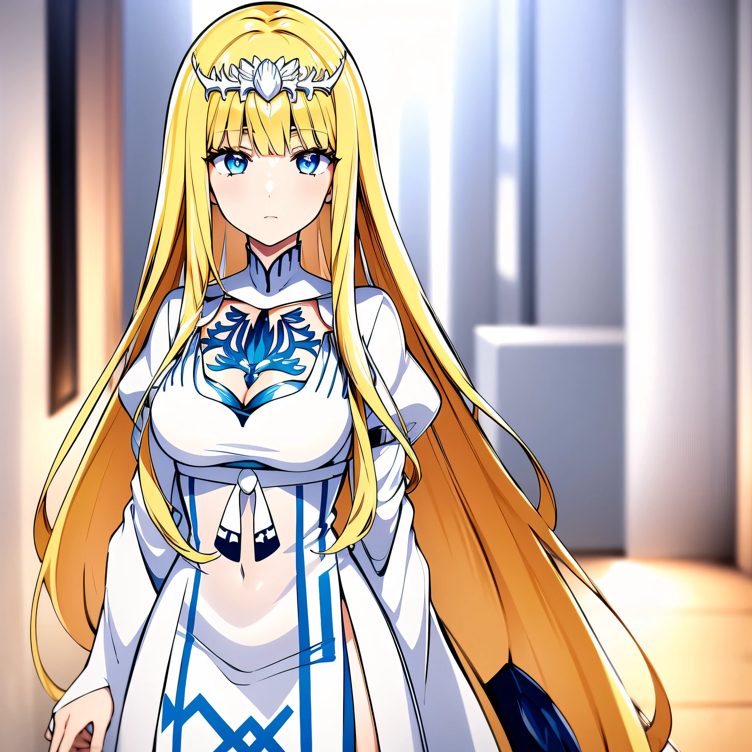 two-dimensional, masterpiece, best quality, Japanese cartoons, Very detailed, 1 girl, alone, cowboy shooting, ,Bust photo,High detail RAW color art,,front,Half body, 1girl, solo, Calca, Calca Bessarez, blonde hair, extremely long hair, very long hair, white tiara, white dress, blue eyes, medium chest