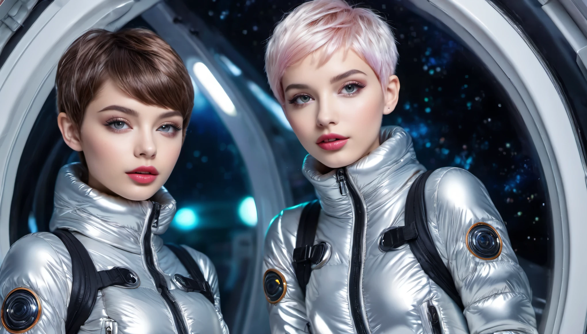 Masterpiece, Best Quality, full body view, ((two close friends in open shiny puffer, small perky breasts, extremely detailed face, beautiful detailed eyes, beautiful detailed lips, no makeup, short colored pixie hair, small hips, innocent expression, enticing, in a spaceship))