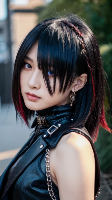 1 male Japanese gothic rocker, Asian eyes, Ultra detailed face and eyes, pretty face, Hyperrealistic, realistic representation, 30 years old, muscular, broad shoulders, wearing black rocker clothes, he wears boots, hairstyle: Visual Kei, blonde hair, black hair, full body