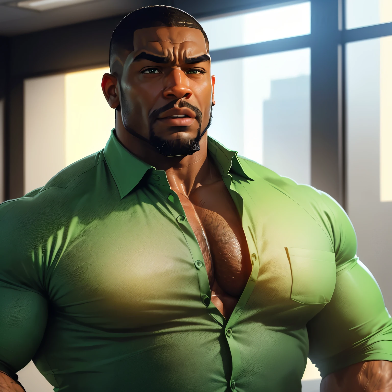 an exaggeratedly muscular and large bodyguard, beefy build, beard, dark-skinned african american male, buzzcut hair with square line, (surprised expression: 1.2), (wearing unbuttoned green business shirt: 1.2), open shirt, small name tag on shirt, (bara pecs: 1.3), (arm and chest hair: 1.1), close-up portrait HD, (bright fluorescent office building with large windows)