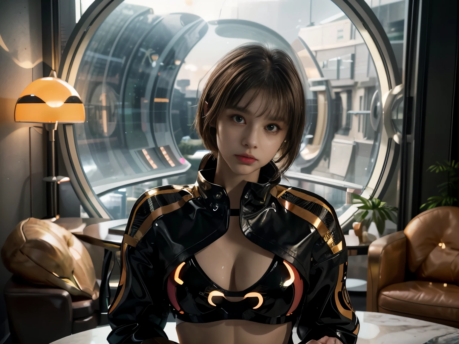 best quality, masterpiece, (realistic:1.2), 1girl, (silhouette lighting:1.4), frontal shot, neon lighting, bright amber eyes, ultra detailed face, light brown short hair with bangs, oily skin, tight clothing, black and gold futuristic style triangle bikini with jacket, (medium breast, underboob:1.3), view from retro futuristic style living room in evening, (round shaped window:1.3), retro futuristic style housing complex scape