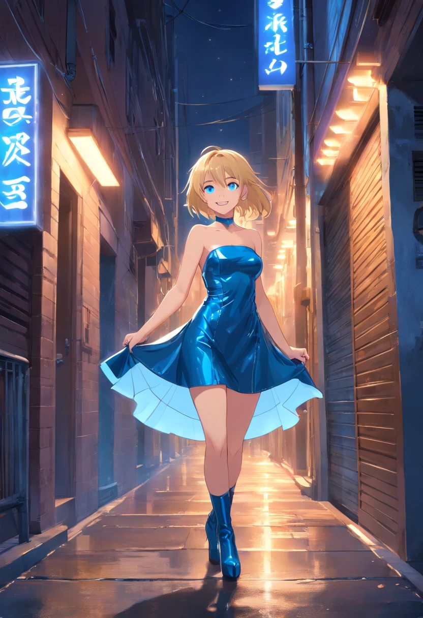 Mujer, s, ((Rubia)), ((blue eyes)), sonriendo, ((translucid strapless short latex dress)), ((high heels boots)), De pie, in front of a dark alley, de noche, toma picada, piso mojado