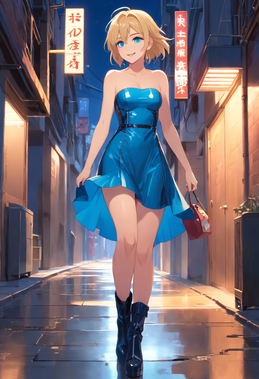 Mujer, , ((Rubia)), ((blue eyes)), sonriendo, ((translucid strapless short latex dress)), ((high heels boots)), De pie, in front of a dark alley, de noche, toma picada, piso mojado