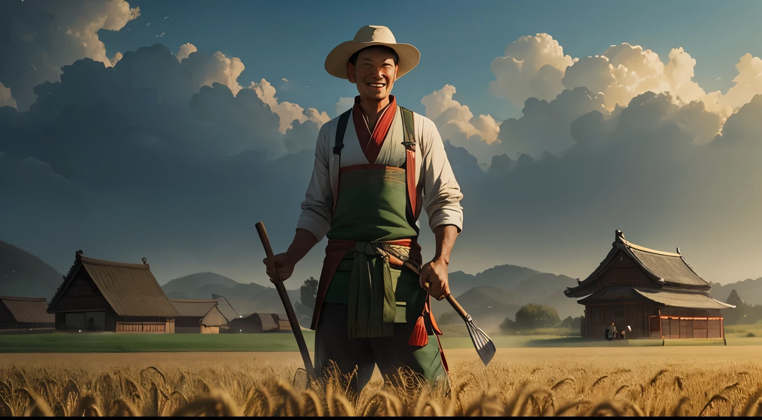Smiling male farmer in wheat field, Holding a hoe,Wuya Style, Chinese cultural themes, bo chen, Unique Characters, Ruan Jia