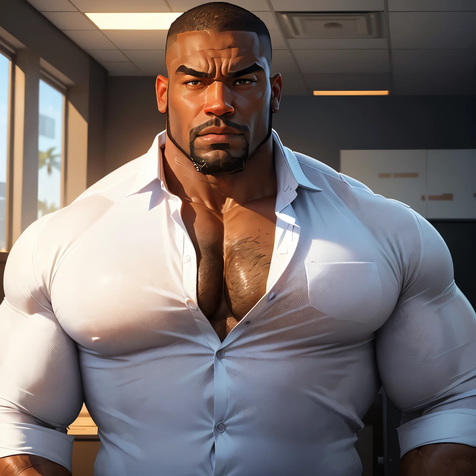 an exaggeratedly muscular and large bodyguard, beefy build, beard, dark-skinned african american male, buzzcut hair with square line, (surprised expression: 1.2), (wearing unbuttoned white business shirt: 1.2), open shirt, small name tag on shirt, (bara pecs: 1.3), (arm and chest hair: 1.1), close-up portrait HD, (bright fluorescent office building with large windows)