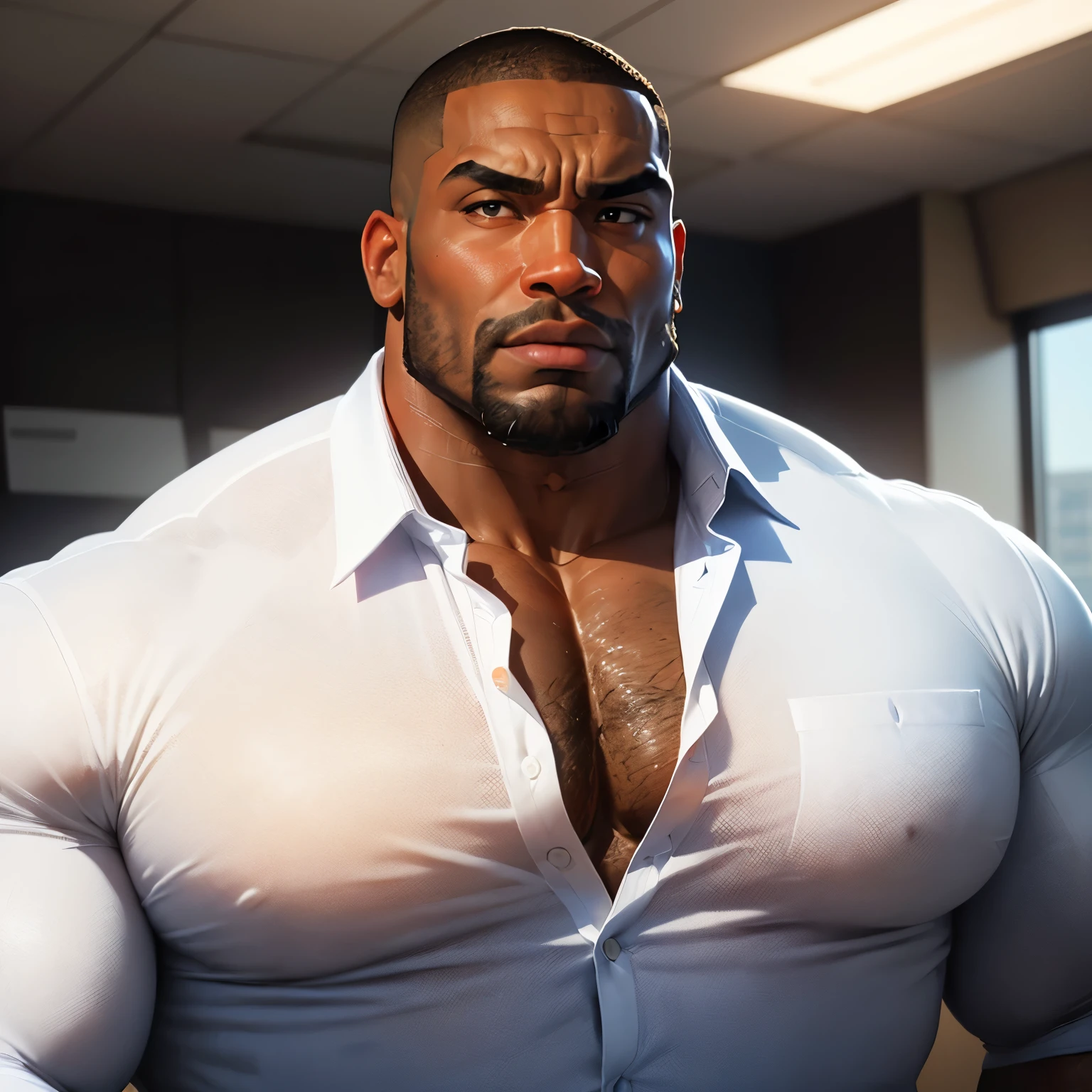 an exaggeratedly muscular and large bodyguard, beefy build, beard, dark-skinned african american male, buzzcut hair with square line, (surprised expression: 1.2), (wearing unbuttoned white business shirt: 1.2), open shirt, small name tag on shirt, (bara pecs: 1.3), (arm and chest hair: 1.1), close-up portrait HD, (bright fluorescent office building with large windows)