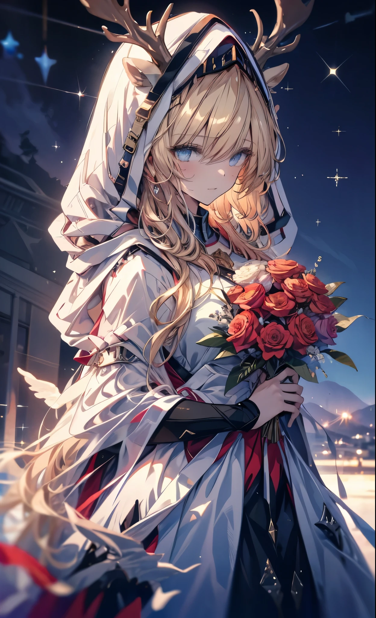 (masterpiece:1.2)、(Top quality)、4K、Ultra Detail、(Movement components:1.4)、Very colorful details、(Rainbow Colors:1.2)、(Luminous lighting、Mood lighting)、Like a dream、magic,absurd, high resolution, (official art, Beautiful and beautiful:1.2), Best quality,(solo:1.7)、Ultra Detailed,Bright colors、Anime face、Extremely beautiful face and eyes, beautiful images、High level of image quality、Clear image quality、Very beautiful girl、Vast landscape photos、(Two Tanita smiles),(A view of the sky and wilderness from below)、Girl standing in flower field looking up、(full moon:1.2)、(meteor:0.9)、(nebula:1.3)、Mountains in the distance、Tree cutting art、(Warm color Light Source:1.2)、(firefly:1.2),(Goddess of the Stars),(Angelic:1.2),(Holding a large bouquet:1.3),(Hair parted in the middle、Blonde Smooth Straight Hair),Intricate details、Volumetric Lighting、 BREAK 、