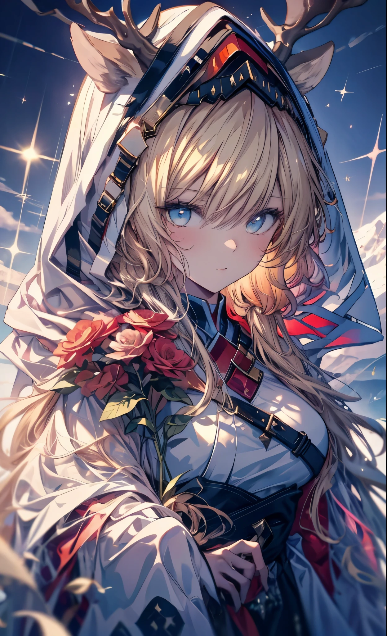 (masterpiece:1.2)、(Top quality)、4K、Ultra Detail、(Movement components:1.4)、Very colorful details、(Rainbow Colors:1.2)、(Luminous lighting、Mood lighting)、Like a dream、magic,absurd, high resolution, (official art, Beautiful and beautiful:1.2), Best quality,(solo:1.7)、Ultra Detailed,Bright colors、Anime face、Extremely beautiful face and eyes, beautiful images、High level of image quality、Clear image quality、Very beautiful girl、Vast landscape photos、(Two Tanita smiles),(A view of the sky and wilderness from below)、Girl standing in flower field looking up、(full moon:1.2)、(meteor:0.9)、(nebula:1.3)、Mountains in the distance、Tree cutting art、(Warm color Light Source:1.2)、(firefly:1.2),(Goddess of the Stars),(Angelic:1.2),(Holding a large bouquet:1.3),(Hair parted in the middle、Blonde Smooth Straight Hair),Intricate details、Volumetric Lighting、 BREAK 、