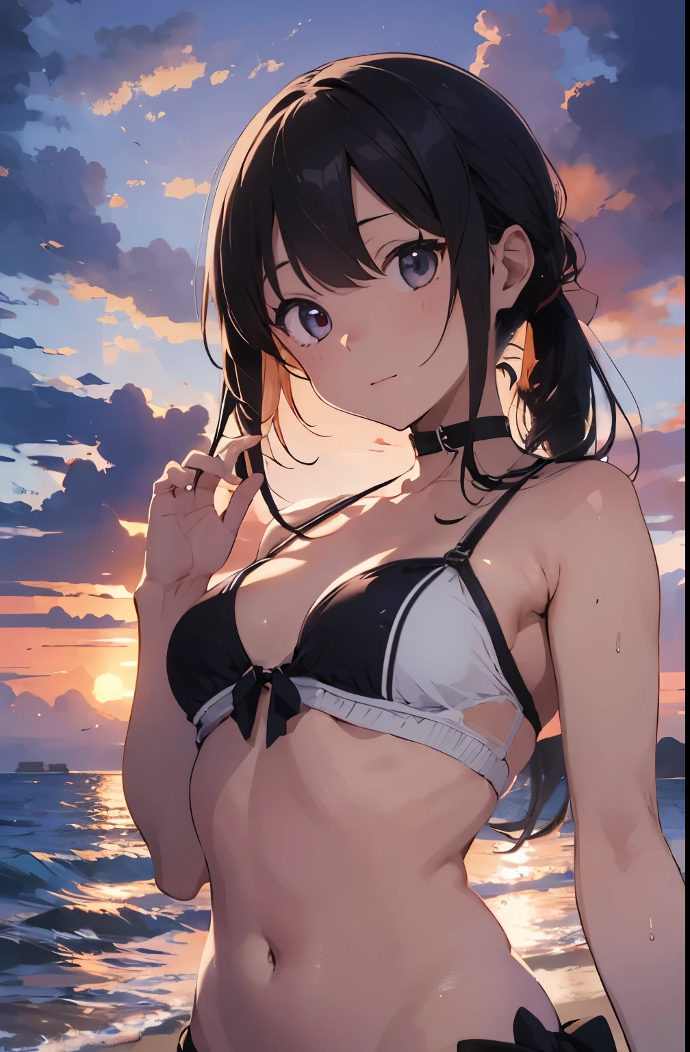 A young girl in a Japanese anime style standing on a deserted white sandy beach, wearing a bikini. The background features a beautiful sunset, with the sky and sea tinted orange by the setting sun. The girl has a relaxed expression, capturing the peaceful and calm atmosphere of the evening on the beach.beautiful fingers,beautiful hands,fingertip,nail,arms behind back
Seaweed、Seaweed、Seaweed、Seaweed、Seaweed、Seaweed、