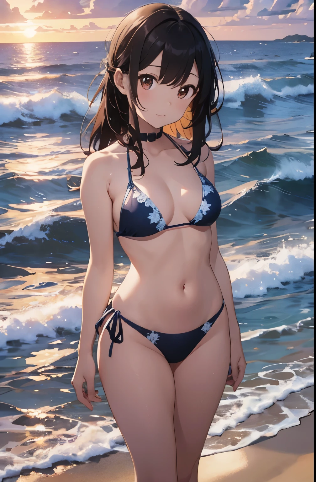 A young girl in a Japanese anime style standing on a deserted white sandy beach, wearing a bikini. The background features a beautiful sunset, with the sky and sea tinted orange by the setting sun. The girl has a relaxed expression, capturing the peaceful and calm atmosphere of the evening on the beach.beautiful fingers,beautiful hands,fingertip,nail,arms behind back
Seaweed、Seaweed、Seaweed、Seaweed、Seaweed、Seaweed、