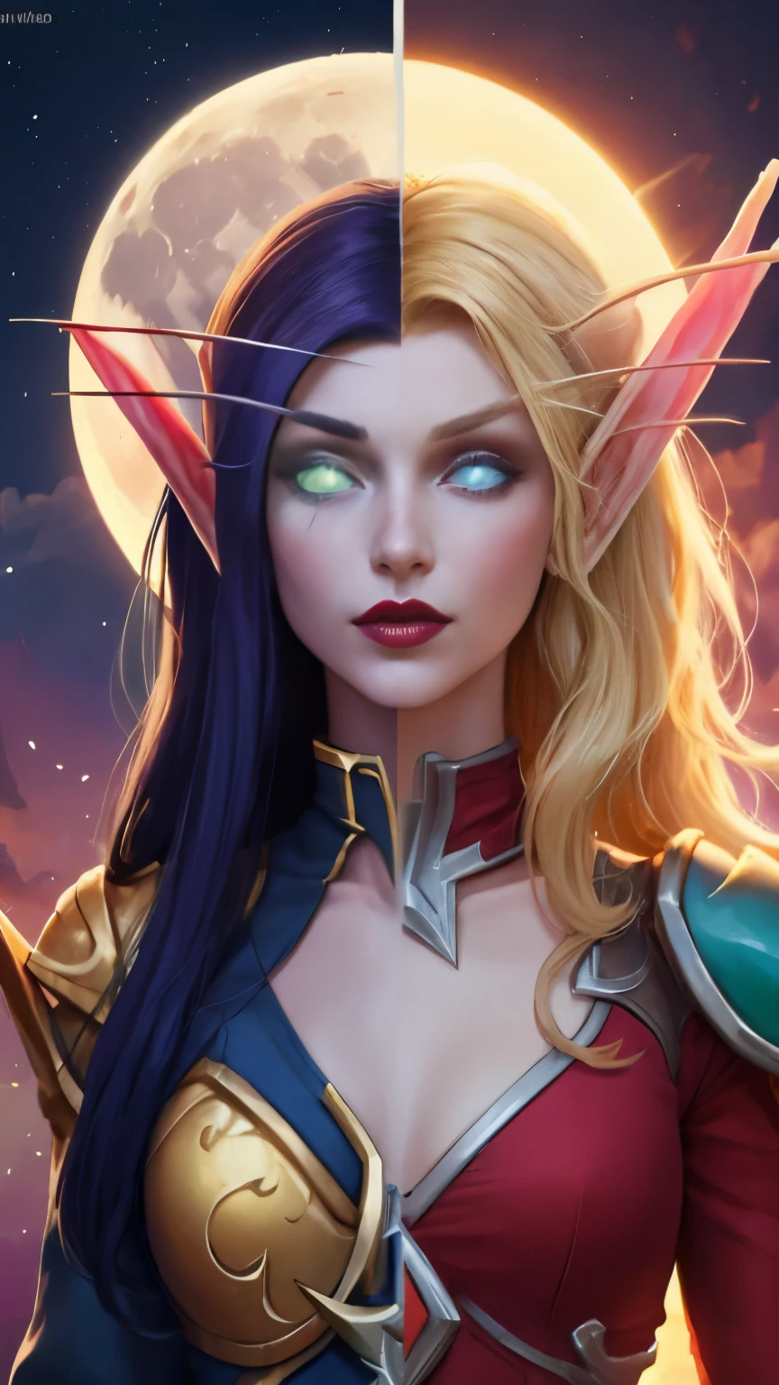 (Masterpiece, highly detailed, highly quality,  highly resolutions), 2 Pointy Ears, 2 eyebrows, line between the middle, Split Colored Hair in the Middle, half with nightelf half with bldelf, cut the screen in the Middle, cut the Sun and Moon in Half, Split Colored Lips in the Middle, ({{BREAK nightelf, SplitScreen, split screen, Left screen, Happy faces, glowing eyes, blue eyes, Purple Hair, colored skin, mature female, purple Dress, purple shoulder pad, purple lips, looking at viewer, night, Sleeve, Long eyebrows, Princess of the Moon, Moon Background, Half Moon center}}), vs, (BREAK bldelf, SplitScreen, splitscreen, Right Screen, Happy Faces, glowing eyes, Green eyes, Blonde hair, colored sclera, mature female, Red Dress, red shoulder pad, red lips, looking at viewer, day, Sleeves, long Eyebrows, Princess of the Sun, Sun Background, Half Sun center))