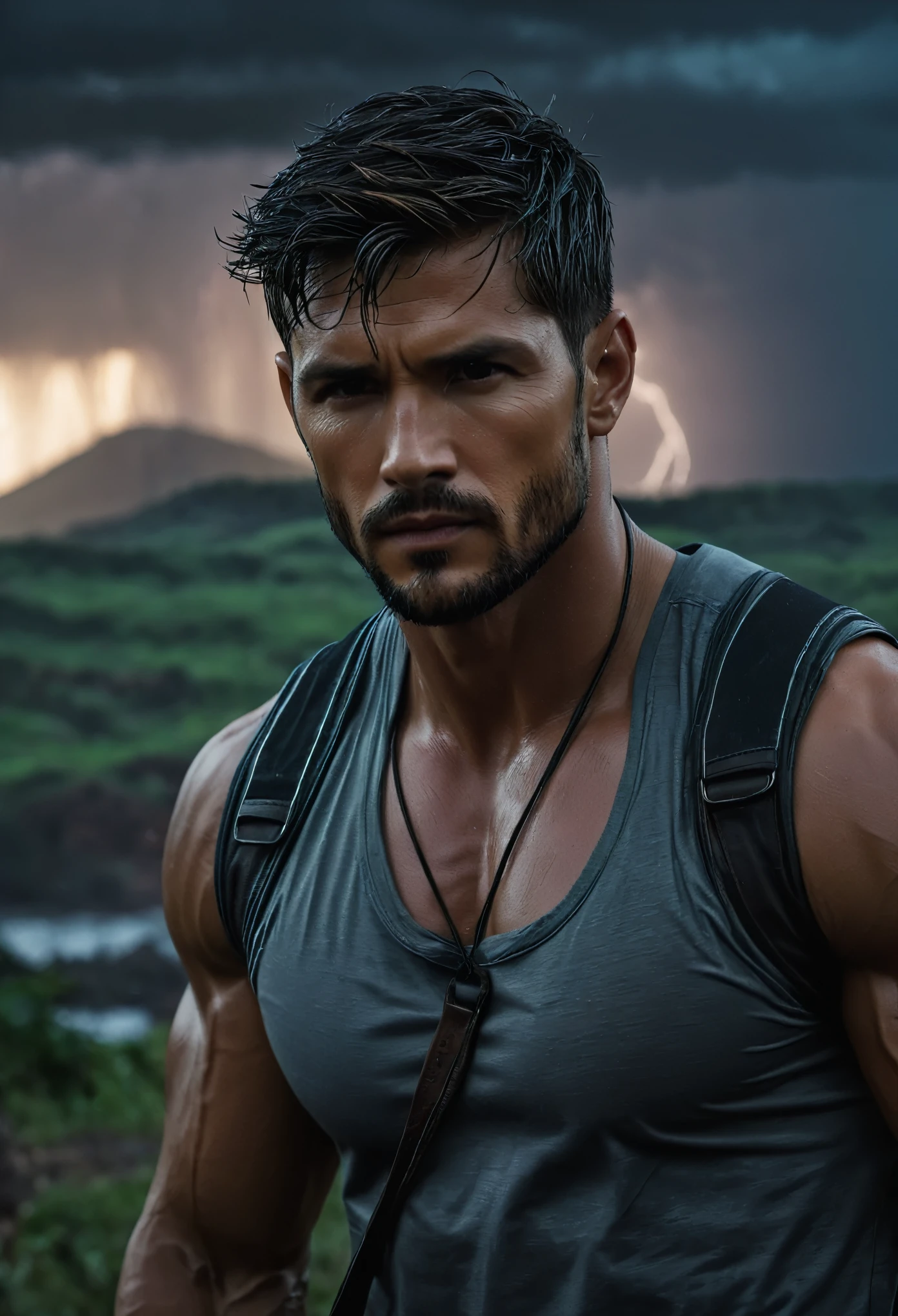 realista:1.3,( fotorrealista, 8K, Fotos CRUDAS, Calidad premium, obra maestra, epic lighting. de cerca, Imagen centrada), (primer plano),((1 handsome man self-confident well-formed muscles, post apocalyptic, guerrero, Rostro y cuerpo perfectamente detallados, (primer plano), escenario lluvioso, poor lighting due to rain,(( rostro y cuerpo mojados por la lluvia:1.5)),lightning lighting, dynamic pose, cabello hermoso y detallado, ropa de cuero)), ((Imaginativo scene)),((perfect, meticulously detailed.:1.3)), ((full shot: 1.4)), ((Best quality )), ((Masterpiece)), 3D, (hyper detailed: 1.3), ((Epic Scenery: 1.3)), ((night background: 1.3 ))), (((night:1.2))), ( photorealistic: 1.4), ((Front camera)),( (Low-light night cinematic lighting: 1.2)). 32