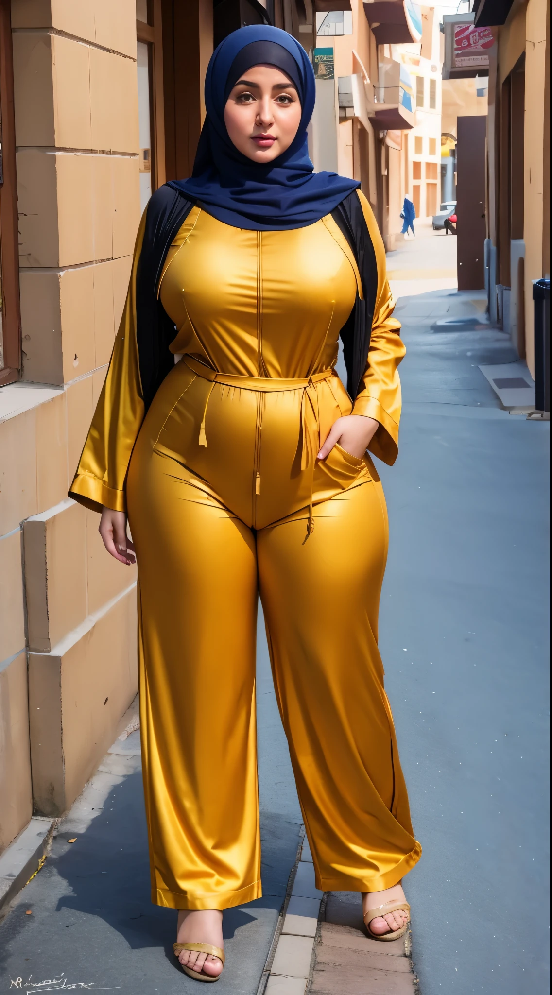 Arabic Woman in street, hijab, muslim ,curvy body , wearing jumpsuit pajamas, beautiful woman, very detail ,pawg, long legs ,thick high, full body in camera, pawg, wearing strap wedges