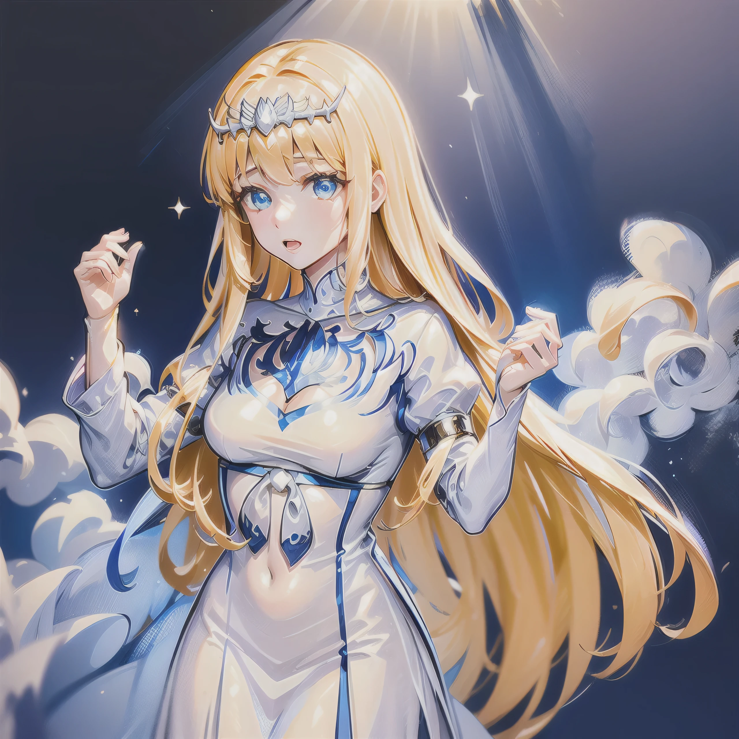 hands down, arms down, hands not showing, 1girl,solo, Calca, Calca Bessarez, blonde hair, extremely long hair, very long hair, white tiara, silver tiara, white dress, blue eyes, medium chest