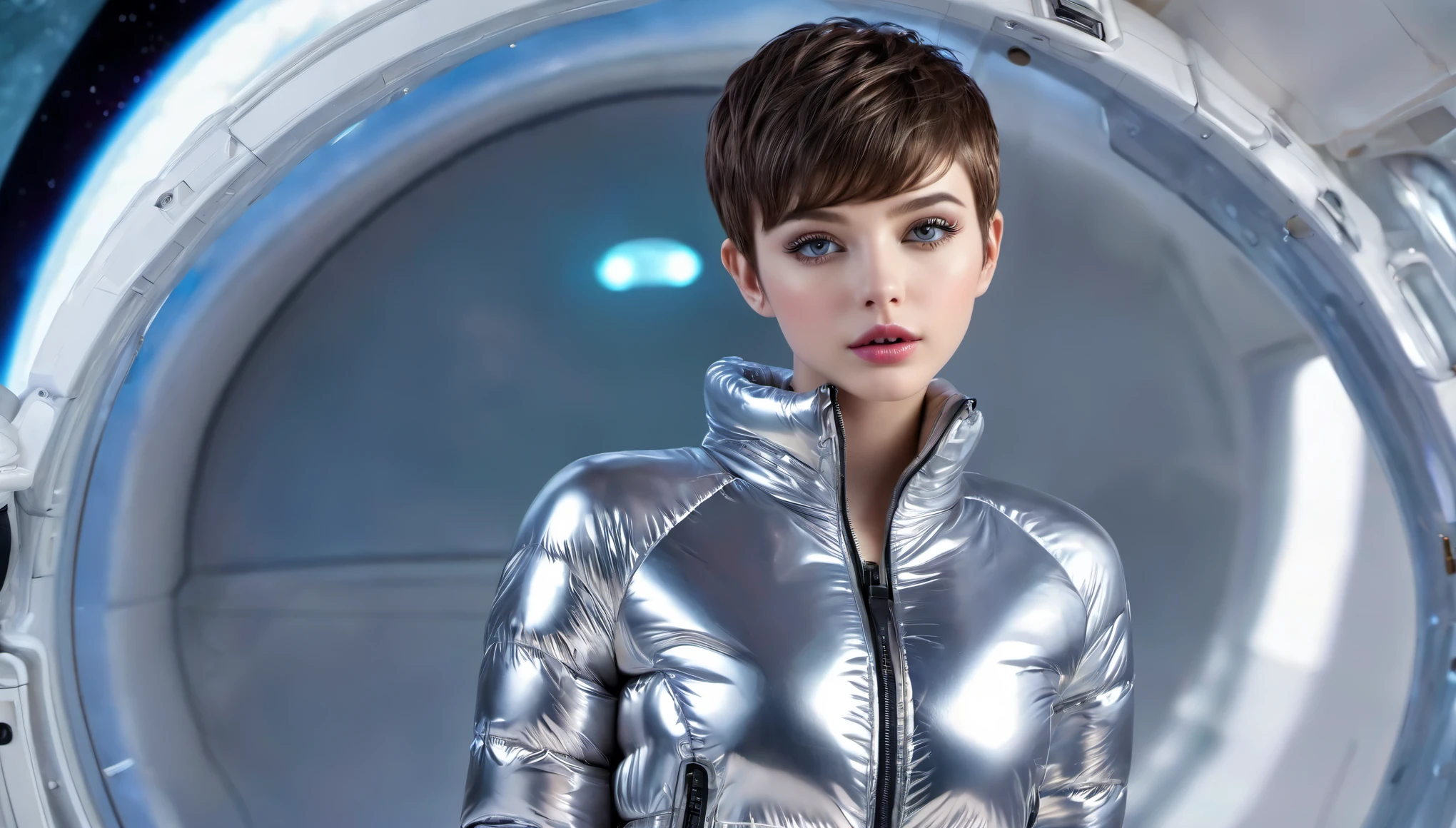 Masterpiece, Best Quality, full body view, ((two close friends in open shiny puffer, no makeup, small perky breasts, extremely detailed face, beautiful detailed eyes, beautiful detailed lips, short colored pixie hair, small hips, innocent expression, enticing, in a spaceship))