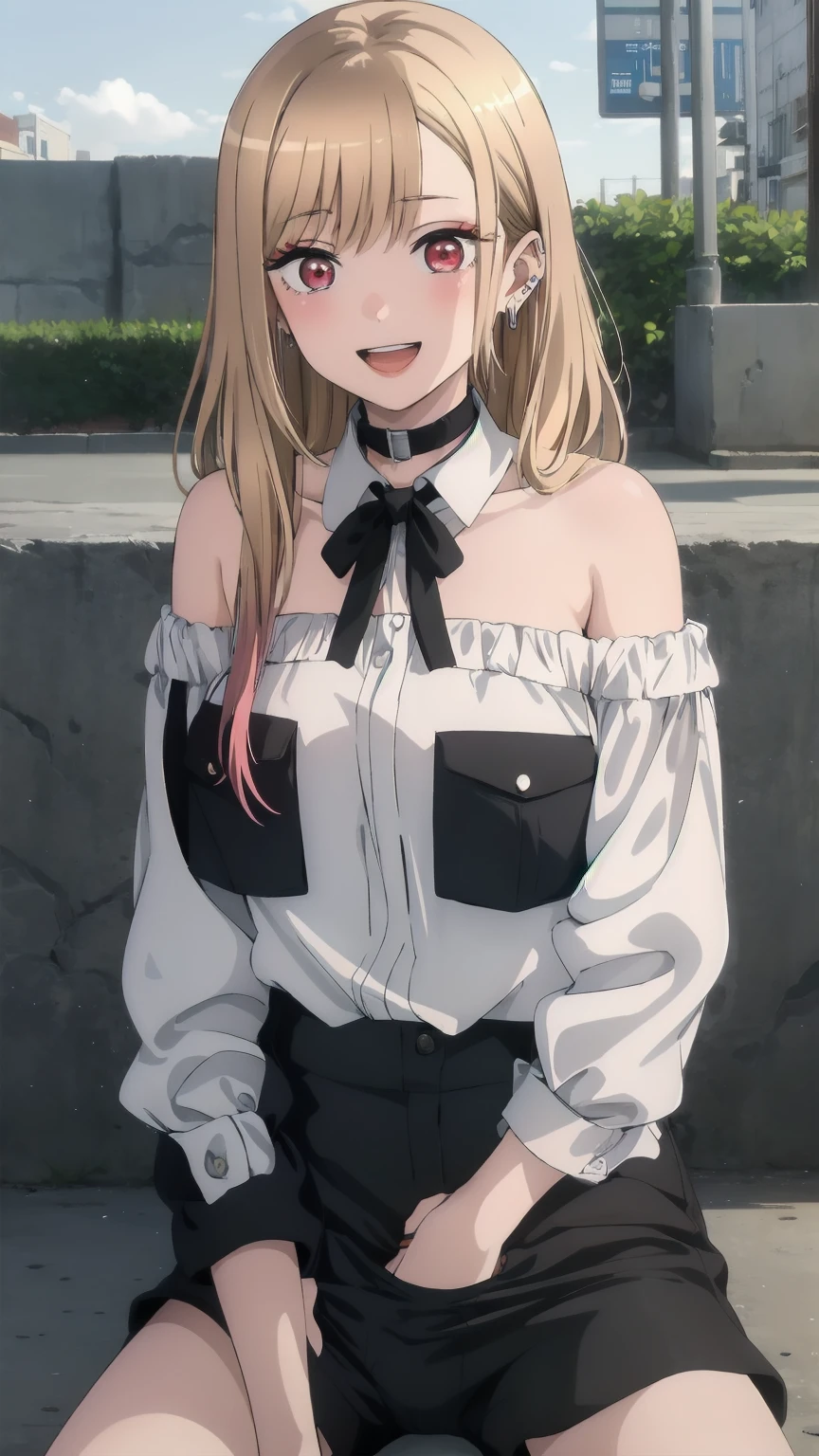 highest quality, (masterpiece:1.2), detailed,
Kitagawa Marine Corps SB,
1 girl, alone, teeth, Bright smile, Earrings,
Long Hair, Blonde, Red eyes, Colorful Hair, Black Ribbon, black collar,
Black shorts, White shirt, Off the shoulder, Tucked in shirt,
Permanently installed, Looking at the audience,
outdoor activities, Put your hands in your panties,Spread your legs,White panties,