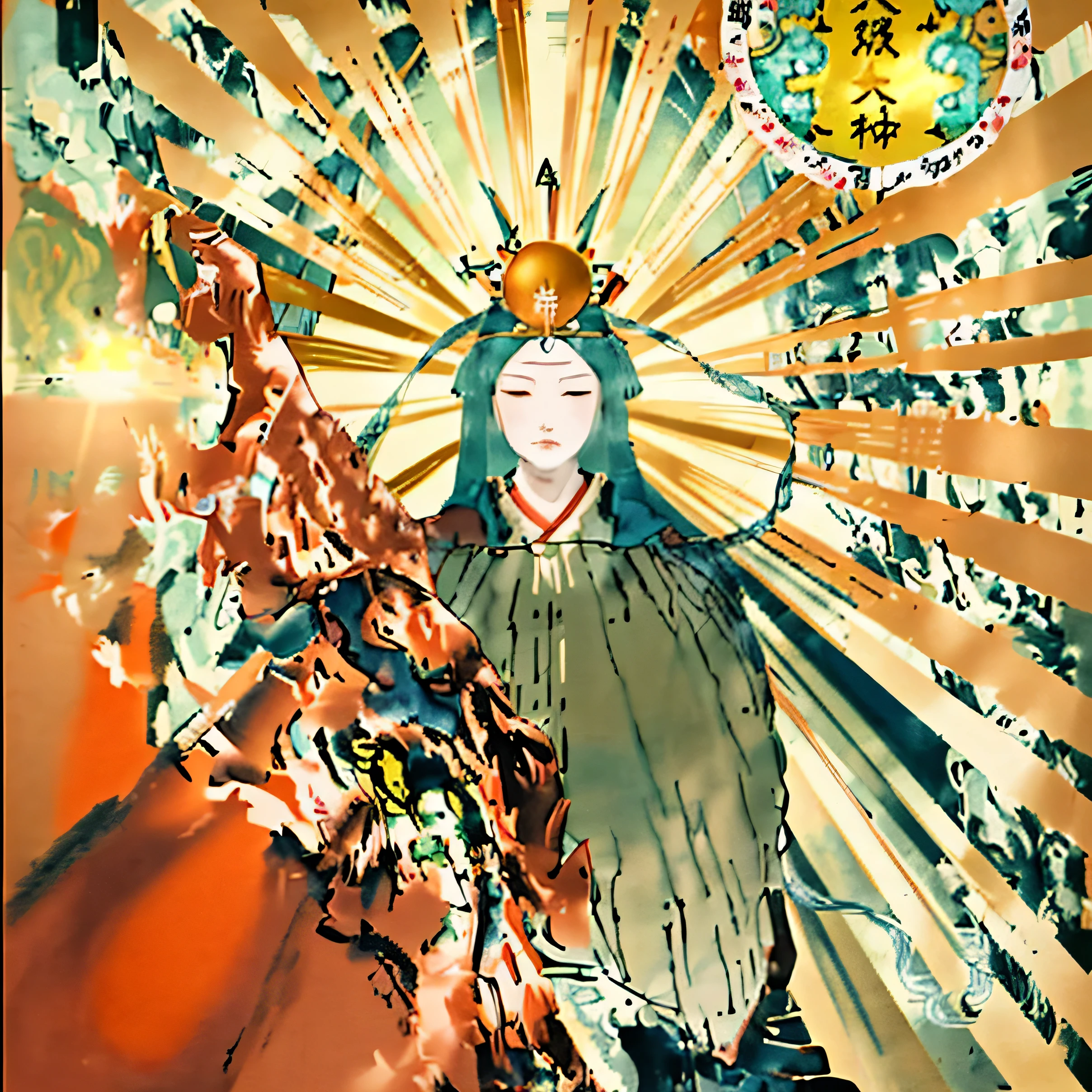 Amaterasu Omikami in a yellow dress with the sun on her head, Japanese goddess of thunder, Kannon, Kannon of the southern seas, Ancient Chinese Goddess, Botticelli and Victor I, Japanese Goddess, As the Sun Goddess, Old Japanese Art, Korean Art Nouveau Animation, ancient japanese painting, Queen of the Sun Perfectly detailed and photorealistic in 8K resolution, Photorealistic、 Botticelli and Victor I, Old Japanese Art, by Utagawa Yoshitora, by Yuko Shimizu, Kannon of the South Sea, kawanabe kyosai, by Yoshitoshi Tsukioka, by Utagawa Kunimasa