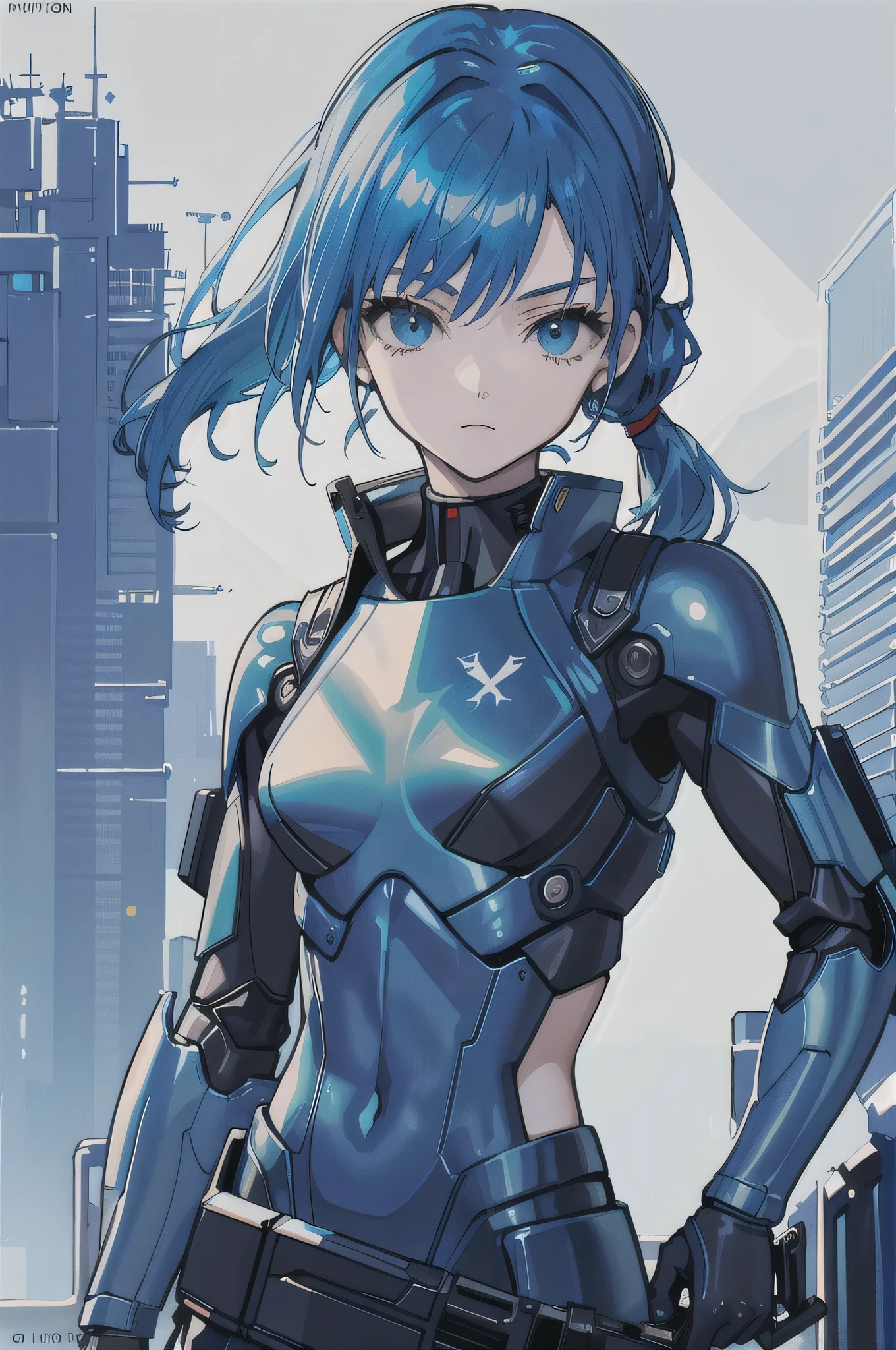 Blue Hair, masterpiece, highest quality, 1 girl, middle, (((Album cover)), Light on the face, The body is slim, Blue Costume, Exoskeleton, metal Gear, Cyberpunk Style, ponytail, Gundam