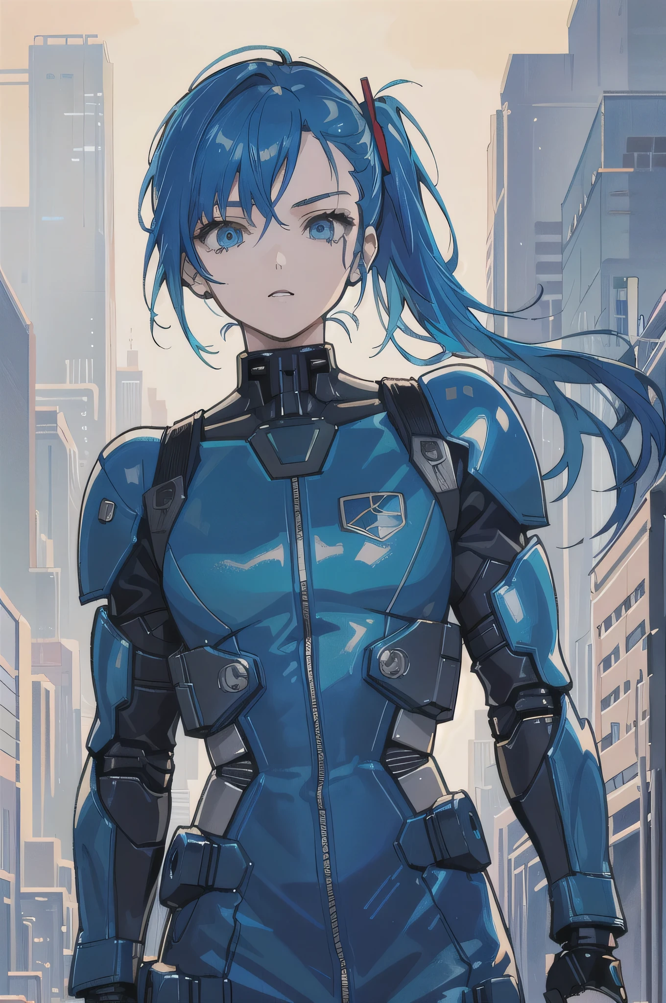 Blue Hair, masterpiece, highest quality, 1 girl, middle, (((Album cover)), Light on the face, The body is slim, Blue Costume, Exoskeleton, metal Gear, Cyberpunk Style, ponytail, Gundam
