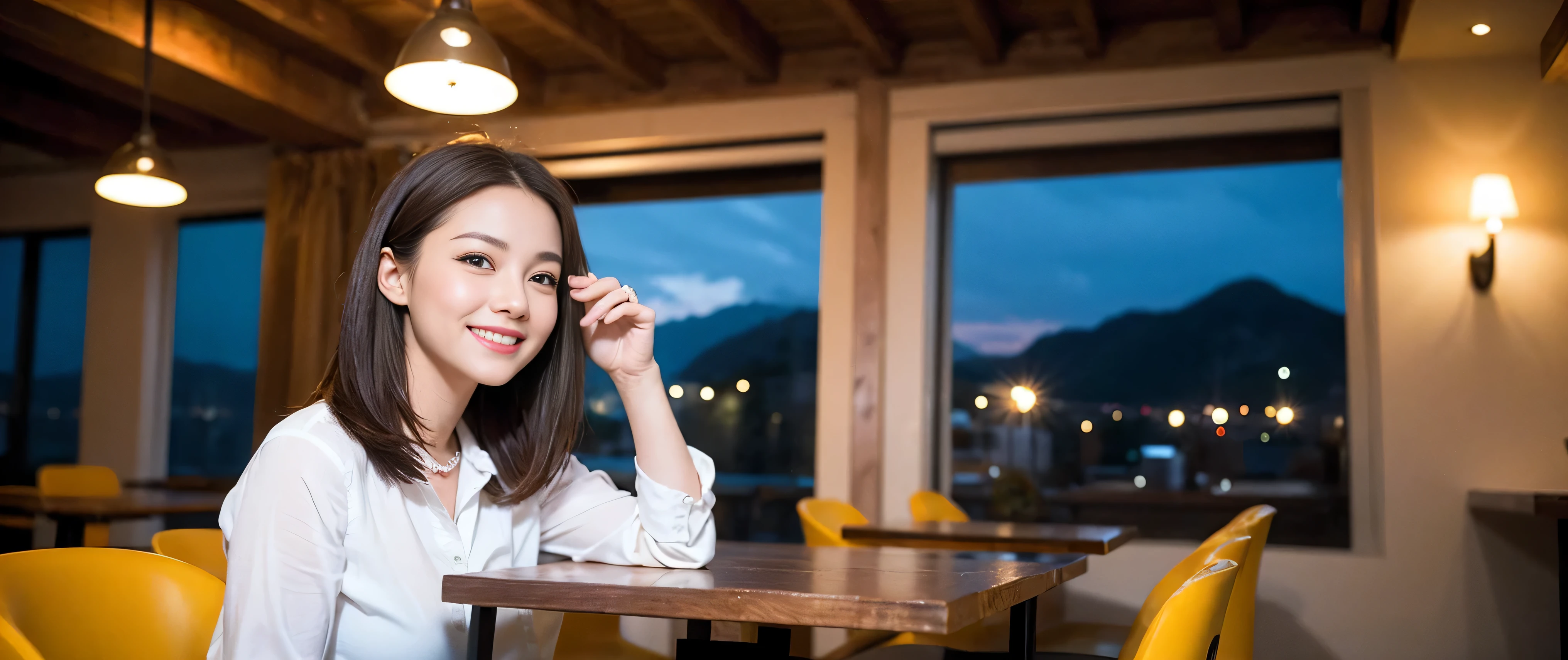 ((highest quality、8k、masterpiece:1.3))、Sharp focus:1.2、Beautiful woman perfect body:1.4、Slim body、((Bob Hale、Straight hair:1.2))、(to be born, highest quality, masterpiece:1.5), (Realistic, Intricate details:1.2), Ultra-high resolution, shine a light on your face、Spectacular view of the sunset sky and clouds、Amazing mountain views、A bright smile、wine glass、red wine 、Appetizer、Italian food、Wine bottle、Champagne、sparkling wine、, Beautiful Face, blue eyes, The light shines on your face, Blushing, short hair,Bright Face、Fox face、 (42 years old), 40 years old, Lady、Two beauties、brown hair、Shortcuts、Long sleeve shirt、dress、Pretty Woman 1, (slim face), (The body is slim), (brown hair), (Shortcuts), cheeks turn a little red,Attractive beauty、, Out of the window, A beautiful and detailed night view unfolds.........., restaurant, In a prominent place (From the waist up) Nova Frog Style, actress, model, Upper Body, White wine, slim, wine glass, A wine glass placed in the middle, smile, (smile: 1.15), Beautiful fine grain, Depth f/2,saturation, High Contrast, Strong light and shadow,Moist Body:1.5、3D texture、Delicate eyes、brown hair、The hair is very shiny、