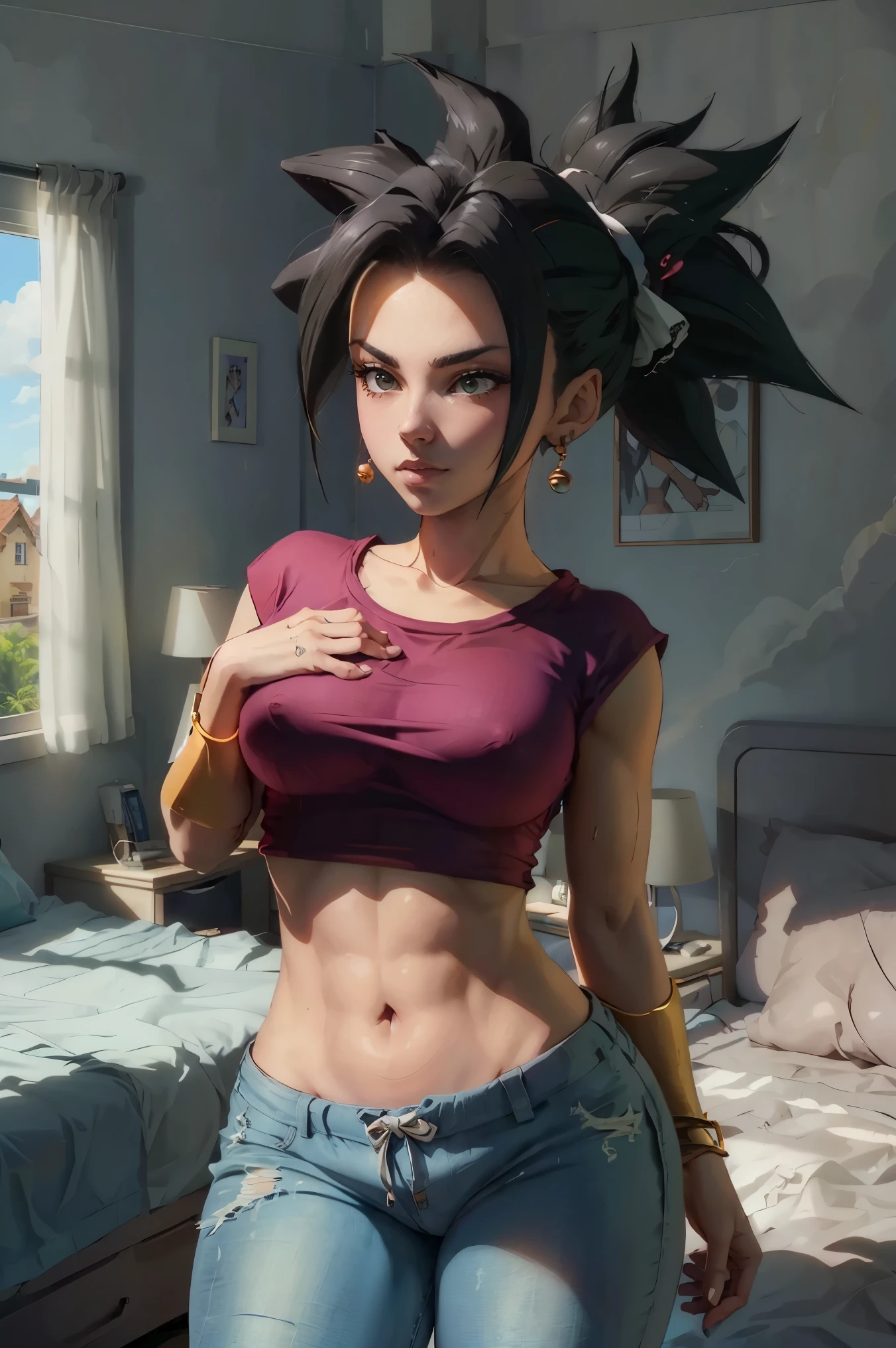 (master piece: 1.1), (kefla), 1girl, solo, mature, close-up, (gym clothes), top tank, tight Jeans pants, slimbody, beautiful abs, (detailed green eyes), earrings, standing, embarassed, shy, detailed eyes, (really thick legs), detailed face, fullbody, pointy hair, detailed body on clothes, green hair, soft lighting, ((simple bedroom background)), bedroom,