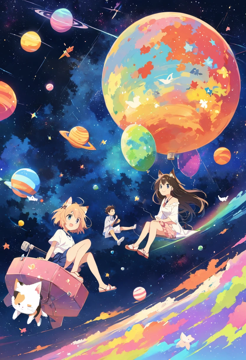 Anime drawings inspired by Makoto Shinkai, Sparrow&#39;s Door Lock, Topics on pixiv, Space Art, Makoto Shinkai Cyril Roland, Anime Japanese man and woman sitting and looking at the sky, Around the two of them, a white cat girl, a black cat girl, and a calico cat girl are running around in the sky.,