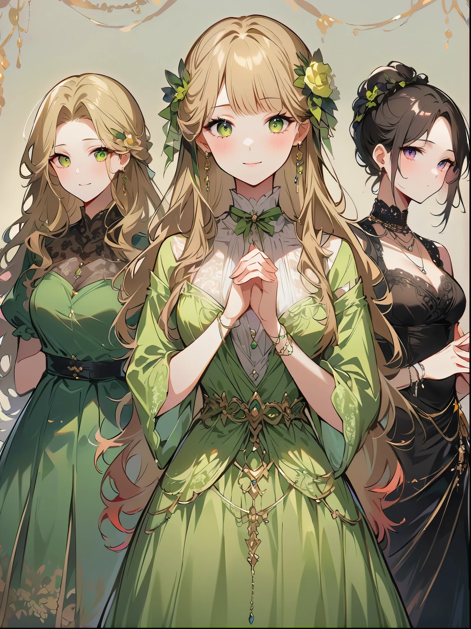 ((High quality work)), Simple and clean lines, The green dress and beautiful ruffled lace complement each other, Enriches the layering of the entire picture, Elegant Edwardian lace dresses and princess dresses add a lot of color to the character, Hands behind back gesture , It also shows the gentle and elegant side of women.