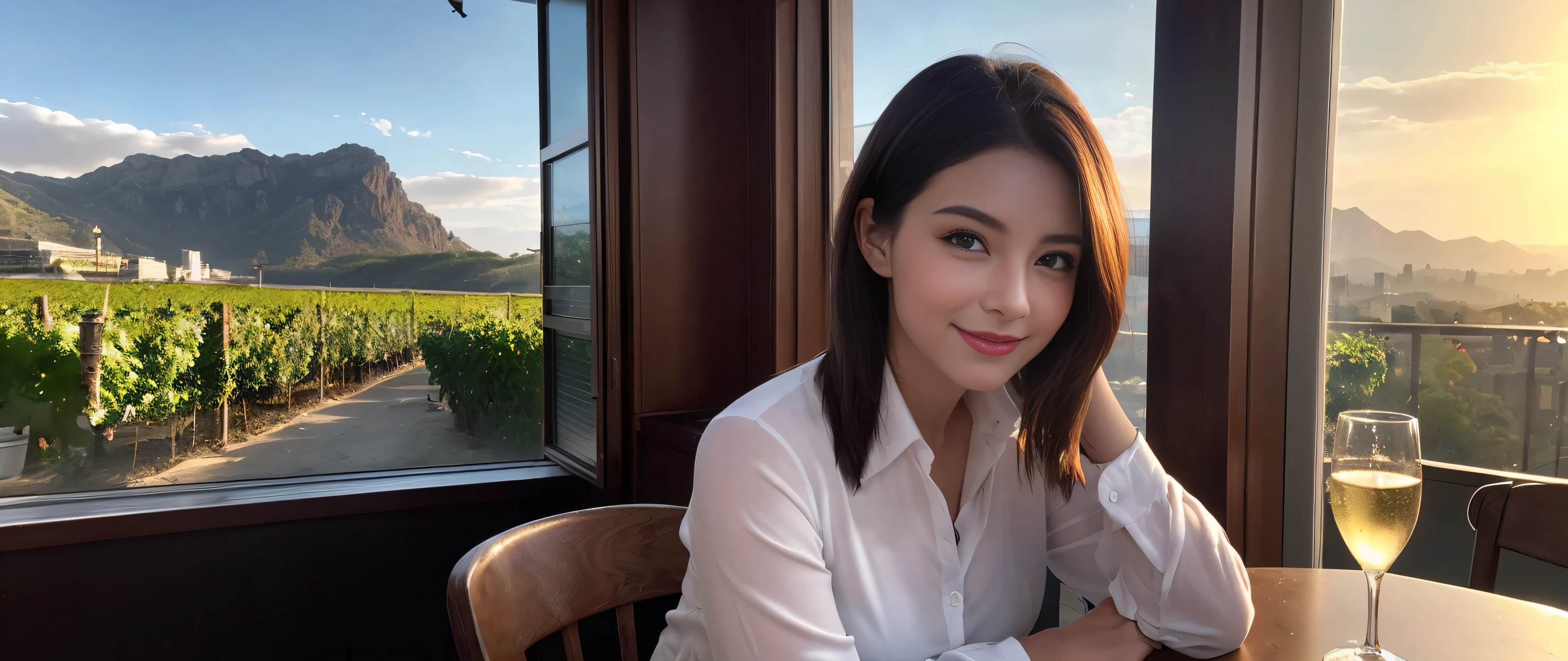 ((highest quality、8k、masterpiece:1.3))、Sharp focus:1.2、Beautiful woman perfect body:1.4、Slim body、((Bob Hale、Straight hair:1.2))、(to be born, highest quality, masterpiece:1.5), (Realistic, Intricate details:1.2), Ultra-high resolution, Put the light on your face、Spectacular view of the sunset sky and clouds、Amazing mountain views、A bright smile、wine glass、red wine 、Appetizer、Italian food、Wine bottle、Champagne、sparkling wine、, Beautiful Face, blue eyes, The light shines on your face, Blushing, short hair,Bright Face、Fox face、 (43 years old), 39 years old, Lady、Two beauties、brown hair、Shortcuts、Long sleeve shirt、dress、Pretty Woman 1, (slim face), (The body is slim), (brown hair), (Shortcuts), cheeks turn a little red,Attractive beauty、, Out of the window, A beautiful and detailed night view unfolds.........., restaurant, In a prominent place (From the waist up) Nova Frog Style, actress, model, Upper Body, White wine, slim, wine glass, A wine glass placed in the middle, smile, (smile: 1.15), Beautiful fine grain, Depth f/2,saturation, High Contrast, Strong light and shadow,Moist Body:1.5、3D texture、Delicate eyes、brown hair、The hair is very shiny、