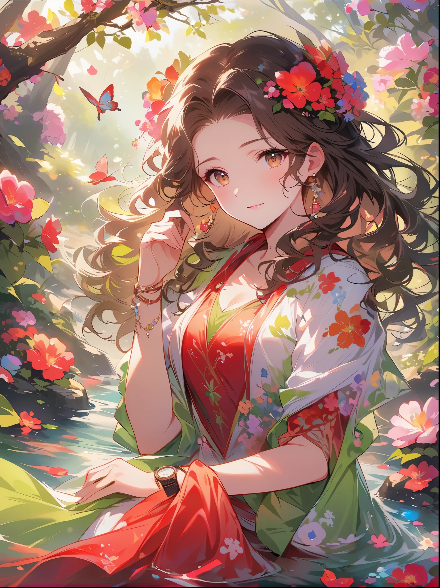 Detailed description of the visual element,The color palette is a mix of soft pastels and vibrant spring colors like green.,pink color,This combination evokes blooming flowers and fresh foliage.,Perfect for spring theme,High-quality images integrated into salon interiors,Peaceful environment,1girl standing on the water,Water splashes on the floor of the girl,Some stones have flowers on them,exudes fragrance,Includes before and after photos of customers who received spring makeovers,To highlight the salon's services,Dark Brown Curly Hair,Wearing a bright red salwar suit,focus,Close Range,Watch,Close your eyes,Surround her with spring graphics,For example, flowers and butterflies,Symbolizes the changing seasons and the essence