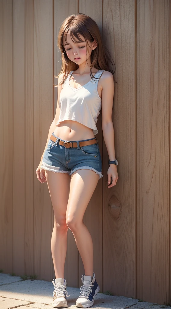 (highest quality, Very detailed, Photorealistic:1.(((full body shot))),(((Are crying))),((Tears flowing)),Cute and sexy ager, brown hair,Small breasts, White sleeveless shirt,wearing denim shorts, Belted,exposing the navel,(watch,G-SHOCK), Moderate:Pencil sketch, Grainy, Vibrant colors, Soft lighting, Outdoor Scene, Warm Tones,Wooden wall
