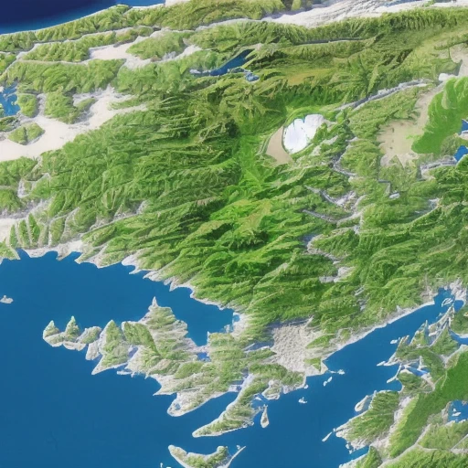 Fictional World Map,Oceanと半島と大陸,fjord,4 countries,Satellite image of OEAX location, Map at image eu, (Game scenery height map 512:0.5), Fee, ((Ocean)), mesa, hills, Rivers,