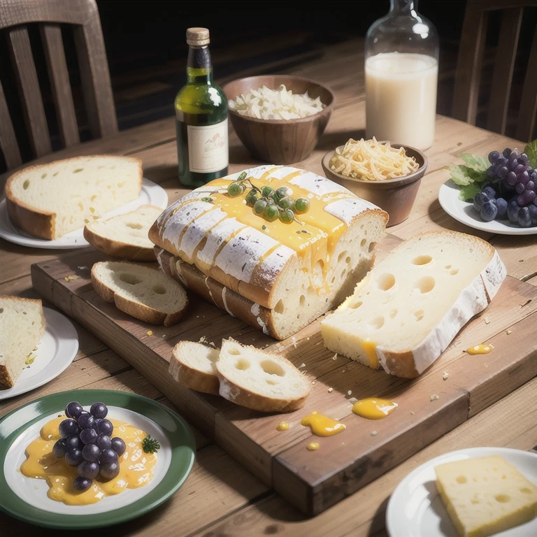 A rustic wooden table with a variety of glistening cheeses, grapes, and slices of crusty bread.