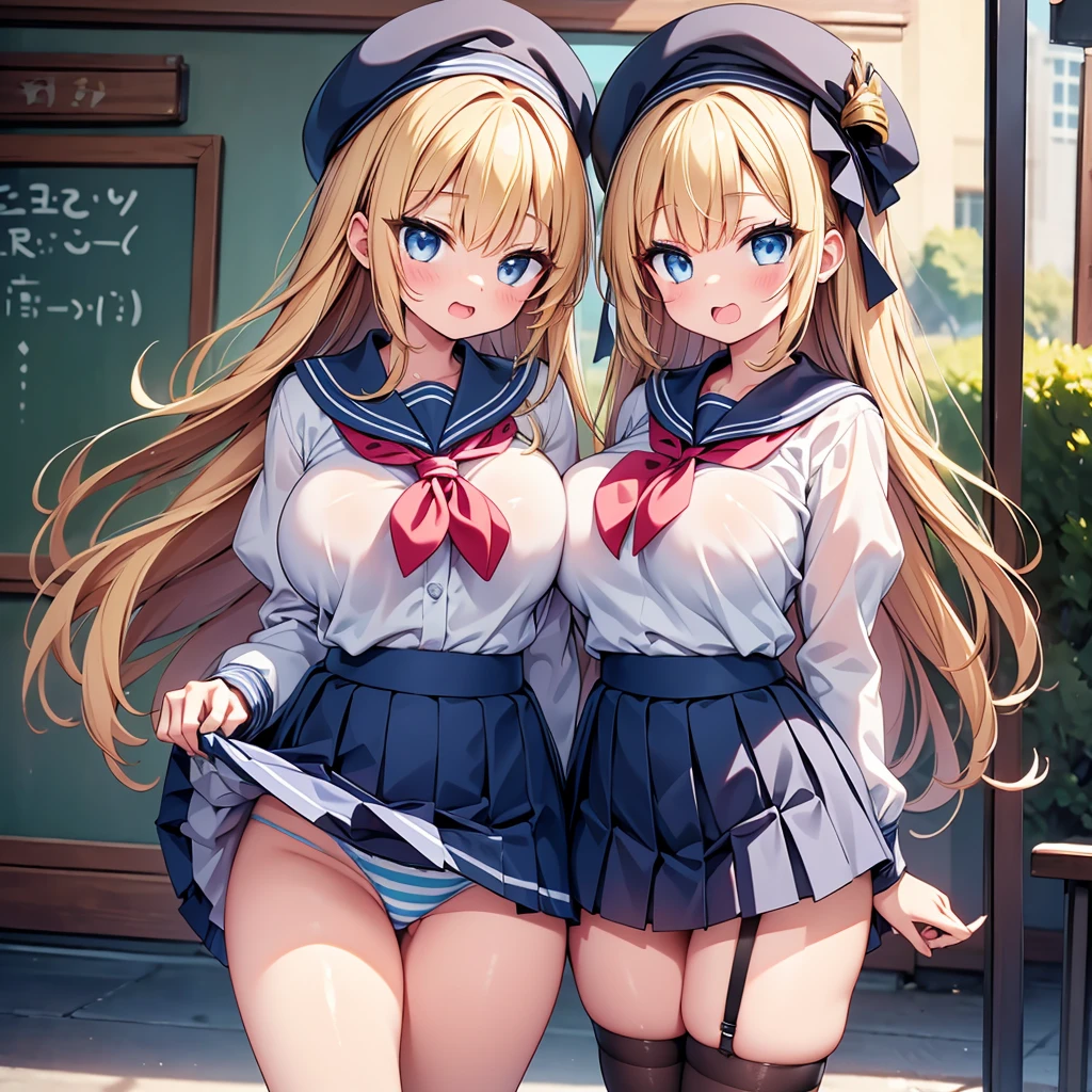 highest quality,wonderful,finely,extremely detailed CG Unity 8K wallpaper, (Stand in line:1.2), (3 girls, cute eyes, sailor uniform, clothed), (huge breasts), (open mouth:1.1), (long tongue:1.1), (mouth drool:1.1), (black stockings:1.1),(Thighs:1.1),(Waistline:1.1), (Light blue striped underwear:1.1), (skirt lift:1.3)