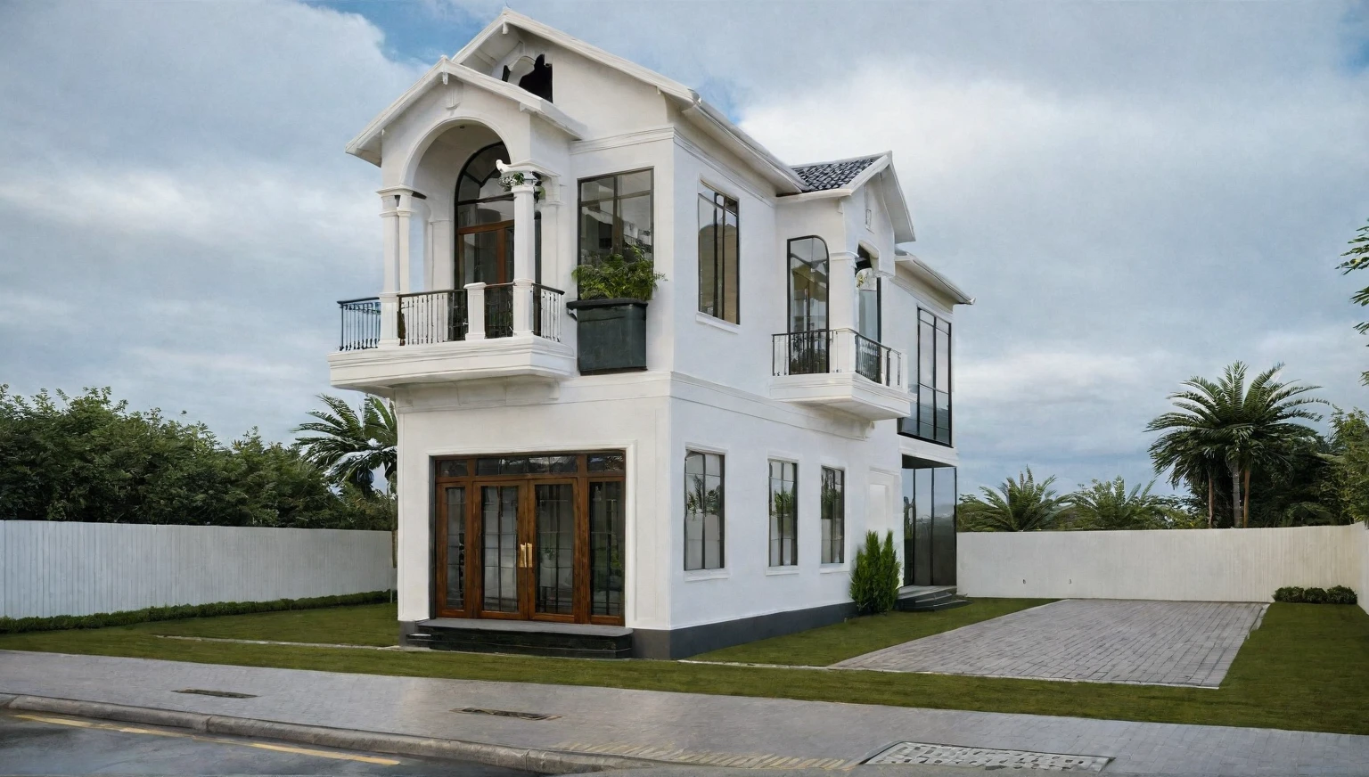 exterior house, contemporary style, white wall, wood wall, wood door, glass window, (realistic:1.2), Masterpiece, high quality, best quality, authentic, super detail, outdoors,road,pavement, grass, trees, sky, cloud, (daylight:1.1)
