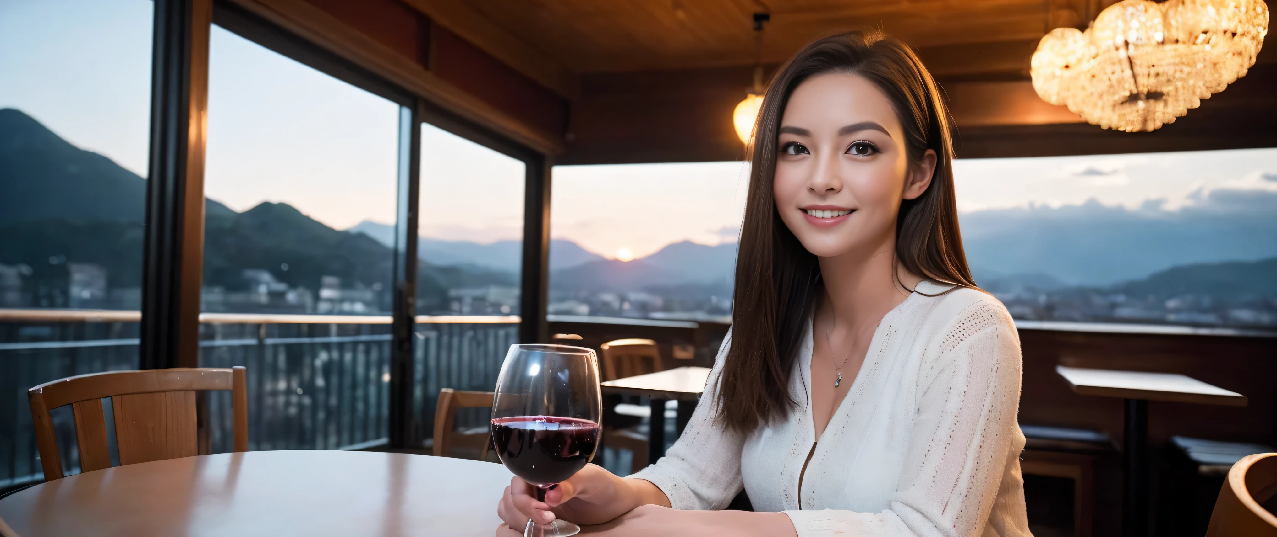 ((highest quality、8k、masterpiece:1.3))、Sharp focus:1.2、Beautiful woman perfect body:1.4、Slim body、((Bob Hale、Straight hair:1.2))、(to be born, highest quality, masterpiece:1.5), (Realistic, Intricate details:1.2), Ultra-high resolution, Put the light on your face、Spectacular view of the sunset sky and clouds、Amazing mountain views、A bright smile、wine glass、red wine 、Appetizer、Italian food、Wine bottle、Champagne、sparkling wine、, Beautiful Face, blue eyes, The light shines on your face, Blushing, short hair,Bright Face、Fox face、 (43 years old), 39 years old, Lady、Two beauties、brown hair、Shortcuts、Long sleeve shirt、dress、Pretty Woman 1, (slim face), (The body is slim), (brown hair), (Shortcuts), cheeks turn a little red,Attractive beauty、, Out of the window, A beautiful and detailed night view unfolds.........., restaurant, In a prominent place (From the waist up) Nova Frog Style, actress, model, Upper Body, White wine, slim, wine glass, A wine glass placed in the middle, smile, (smile: 1.15), Beautiful fine grain, Depth f/2,saturation, High Contrast, Strong light and shadow,Moist Body:1.5、3D texture、Delicate eyes、brown hair、The hair is very shiny、