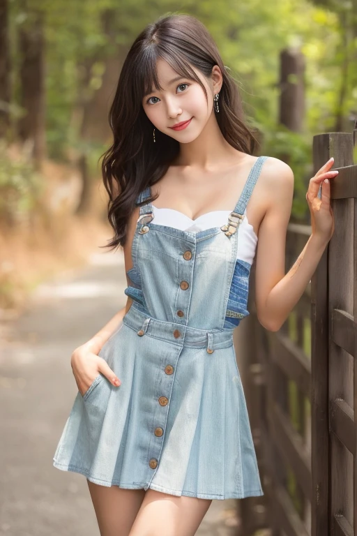 Realistic photo quality、８ｋPicture quality Close-up of a woman in a short dress leaning against a fence, 日本人Fashion Model, Slim girl model photo, Beautiful girl model, Japanese Model, Beautiful model girl, Gorgeous Young Japanese Woman, Beautiful young Japanese woman, Fashion Model, wearing overalls, Beautiful Asian Girl, Japanese Girls, Cute and adorable, Under the overalls is a white camisole, cute beautiful, Cute young woman、looking at the camera、forest path、Cute Smile、Slightly larger breasts、Cleavage、looking at the camera、wood々The path between