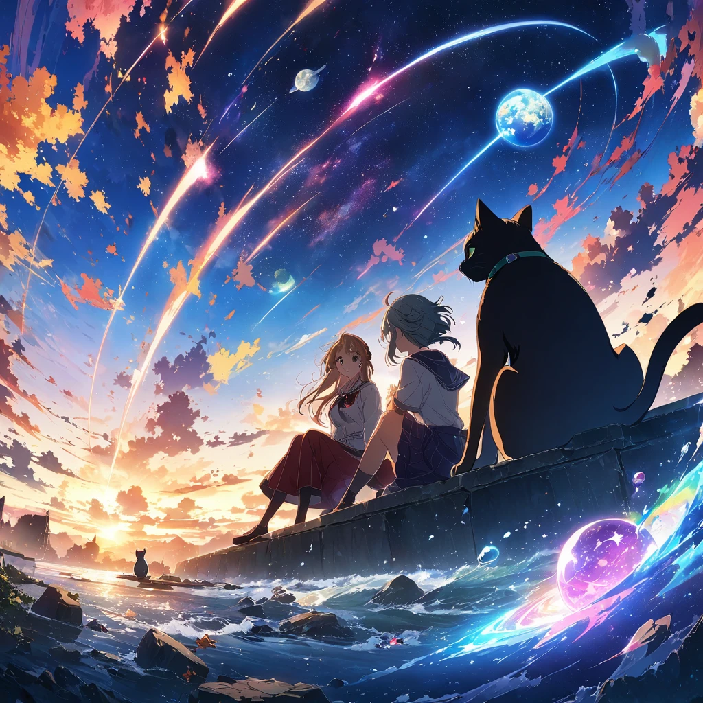 Anime drawings inspired by Makoto Shinkai, Sparrow&#39;s Door Lock, Topics on pixiv, Space Art, Makoto Shinkai Cyril Roland, Anime Japanese man and woman sitting and looking at the sky, 二人の周りにWhite cat少女とBlack cat少女とThree-haired cat少女が空駆けまわる様にいる, 4k anime wallpaper,anime art wallpaper 8k, Anime Art Wallpaper 16k, anime art wallpaper 32k, Daijin, サDaijin, White cat, Black cat, Three-haired cat