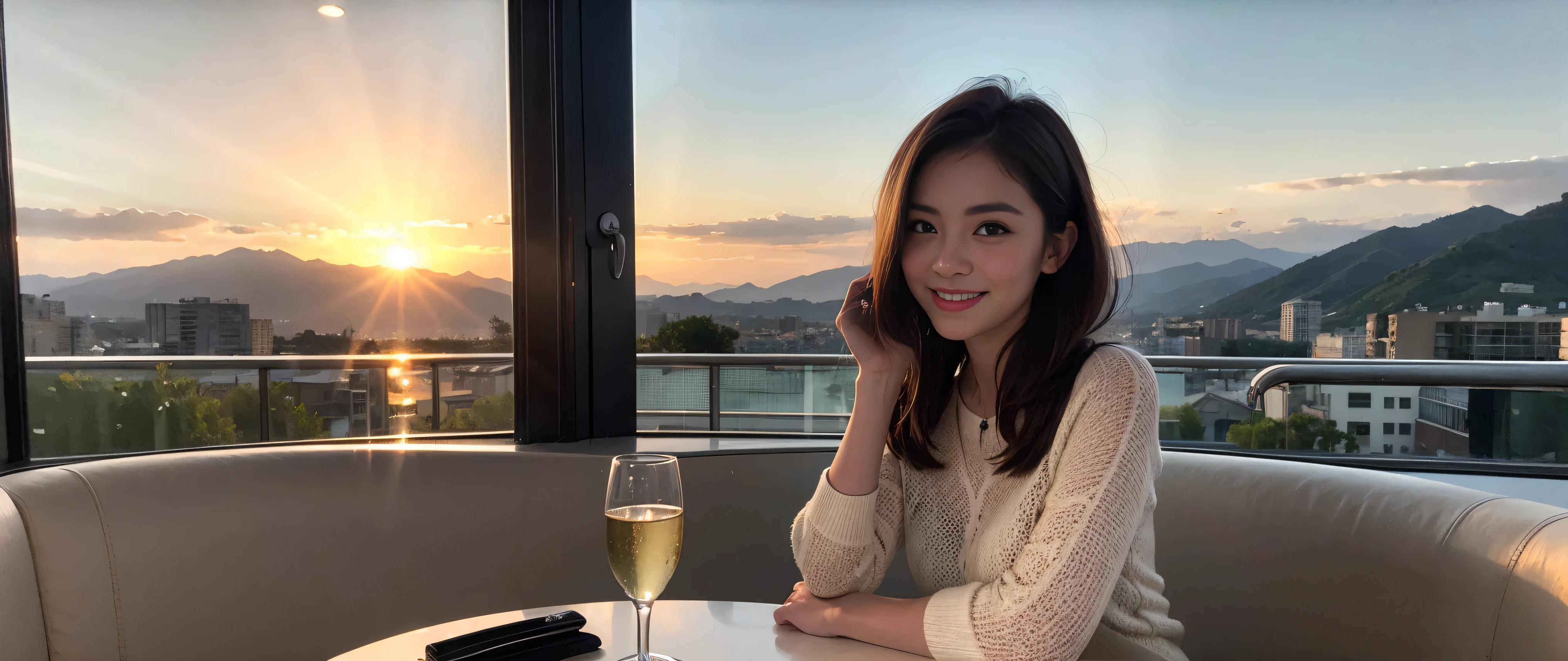 ((highest quality、8k、masterpiece:1.3))、Sharp focus:1.2、Beautiful woman perfect body:1.4、Slim body、((Bob Hale、Straight hair:1.2))、(to be born, highest quality, masterpiece:1.5), (Realistic, Intricate details:1.2), Ultra-high resolution, Put the light on your face、Spectacular view of the sunset sky and clouds、Amazing mountain views、A bright smile、wine glass、red wine 、Appetizer、Italian food、Wine bottle、Champagne、sparkling wine、, Beautiful Face, blue eyes, The light shines on your face, Blushing, short hair,Bright Face、Fox face、 (36 years old), 39 years old, Lady、Two beauties、brown hair、Shortcuts、Long sleeve shirt、dress、Pretty Woman 1, (slim face), (The body is slim), (brown hair), (Shortcuts), cheeks turn a little red,Attractive beauty、, Out of the window, A beautiful and detailed night view unfolds.........., restaurant, In a prominent place (From the waist up) Nova Frog Style, actress, model, Upper Body, White wine, slim, wine glass, A wine glass placed in the middle, smile, (smile: 1.15), Beautiful fine grain, Depth f/2,saturation, High Contrast, Strong light and shadow,Moist Body:1.5、3D texture、Delicate eyes、brown hair、The hair is very shiny、