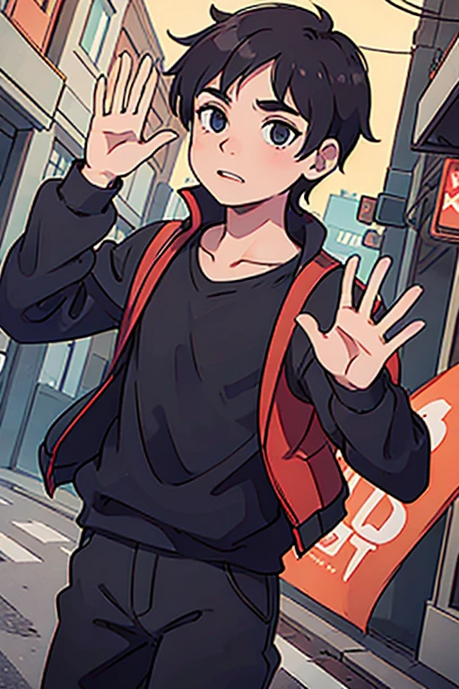 boy waving at person in street clothes