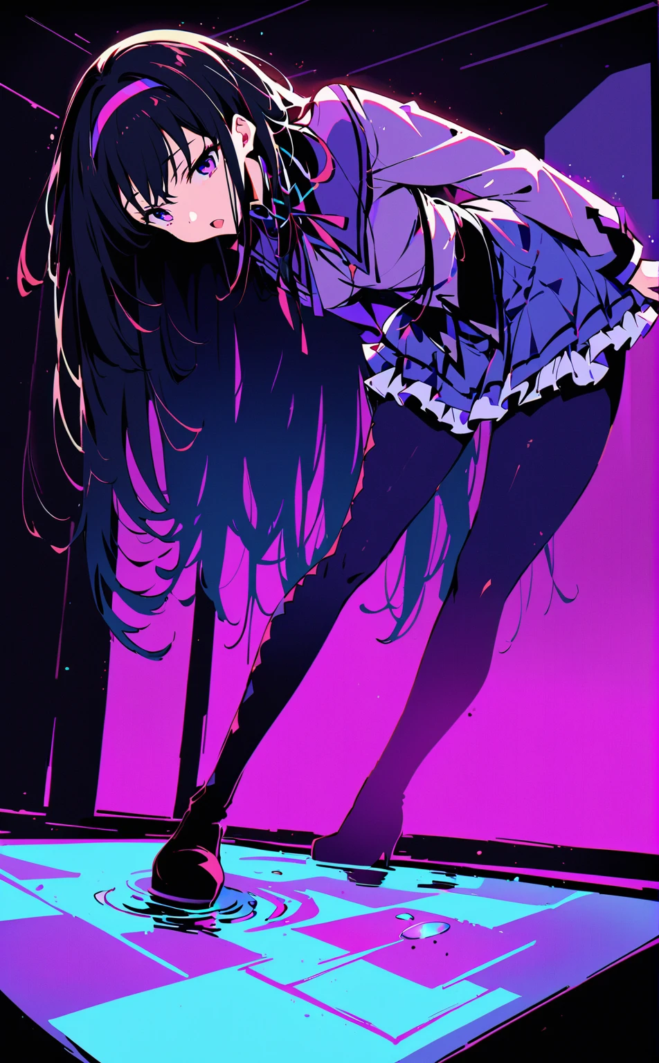 (highest quality:1.2),One girl,alone,homu，Magical Girl Clothes，boots，Purple eyes,Long Hair,Black Hair,bangs，Hair between the eyes,pixelated background,Neon Light,SF color scheme,Vibrant colors,Metallic texture,detailed shading,Holographic interface,Dark atmosphere,High Contrast,Sharp focus,twig of hair,Reflective surface,Exquisite detail,High resolution,Studio Lighting,Illuminated surroundings,Thick thighs,Beautiful Eyes, Beautiful background, beautiful and detailed body,Fine grain,classroom,Table Sex,Groin friction,Masturbation,A puddle of pussy juice,From below,Moaning,Open your mouth,arm_support,(Leaning forward:1.5),