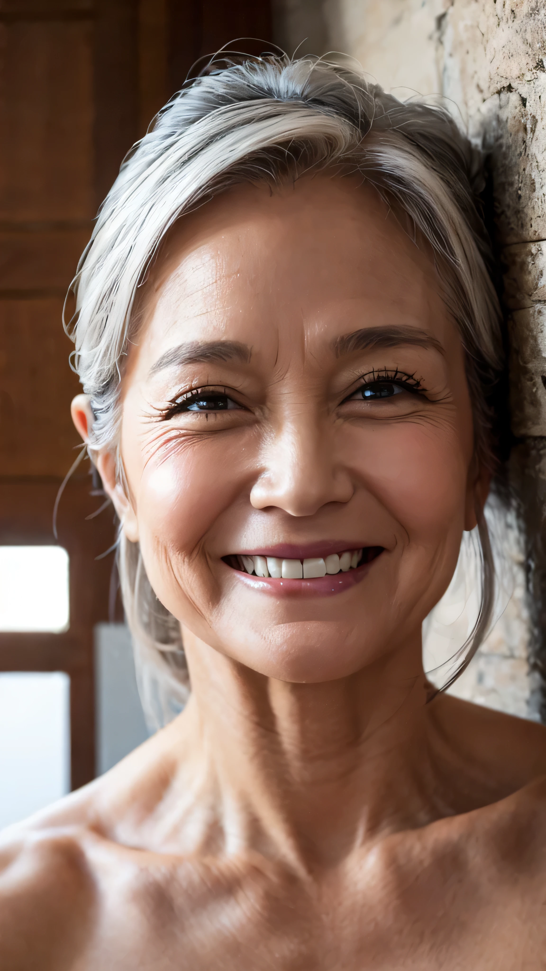 (Masterpiece:1.4),(67-year-old woman:1.4),(Wrinkles on the face1.25),smile,nude,sexy pose